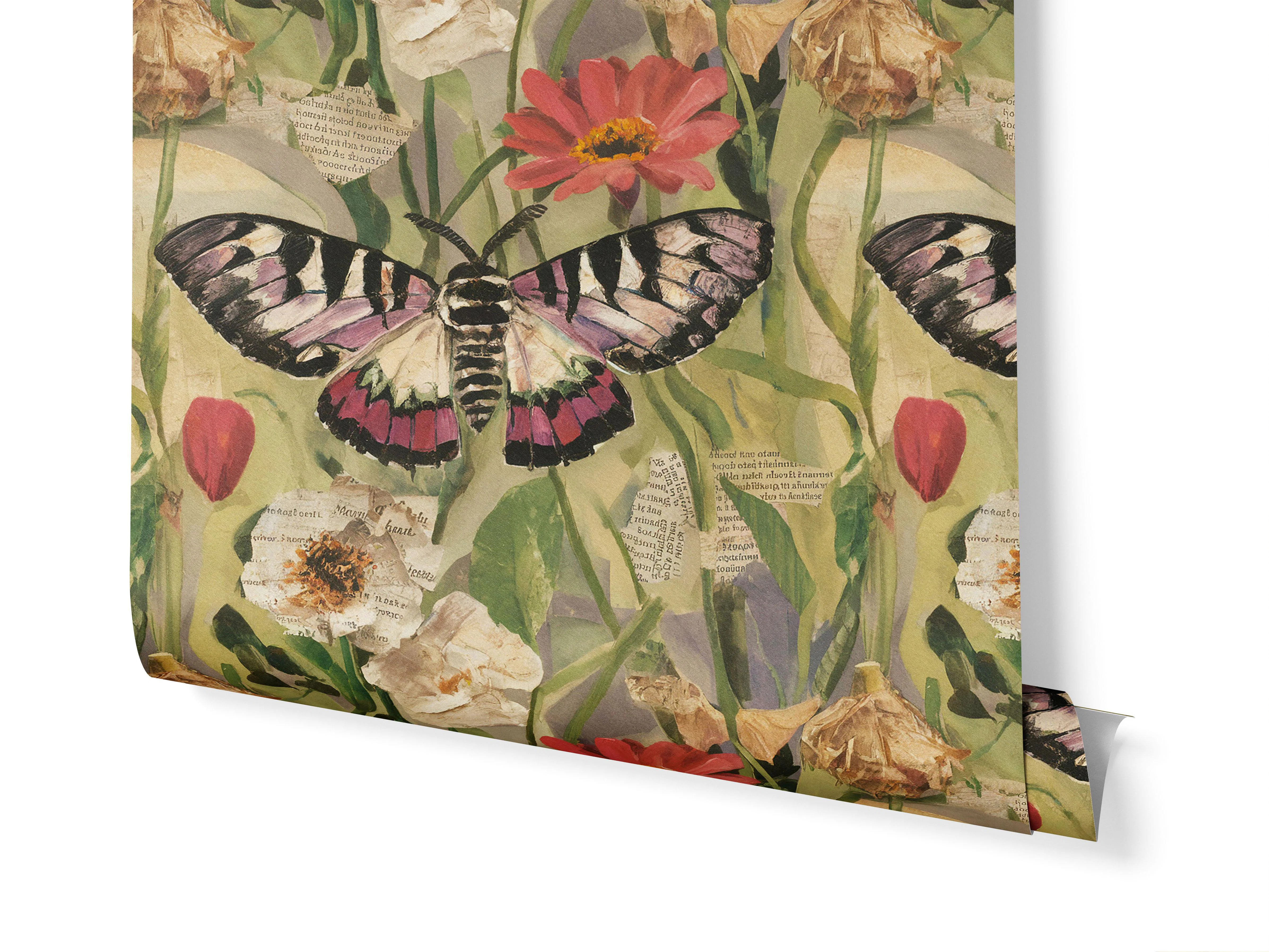 Butterfly and Flowers Collage Muted Tones wallpaper roll