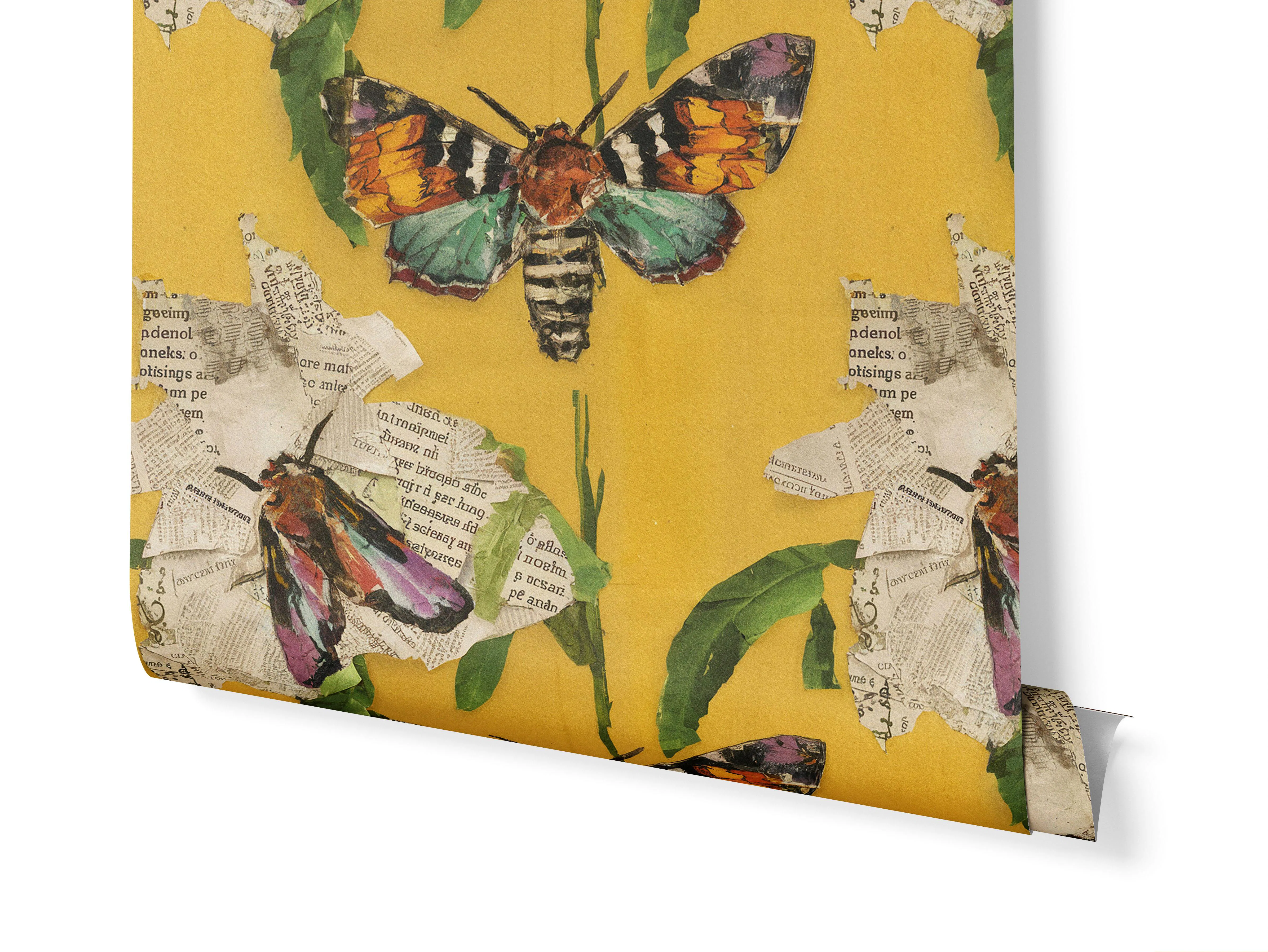 Butterfly Moth Collage on Bright Yellow wallpaper roll