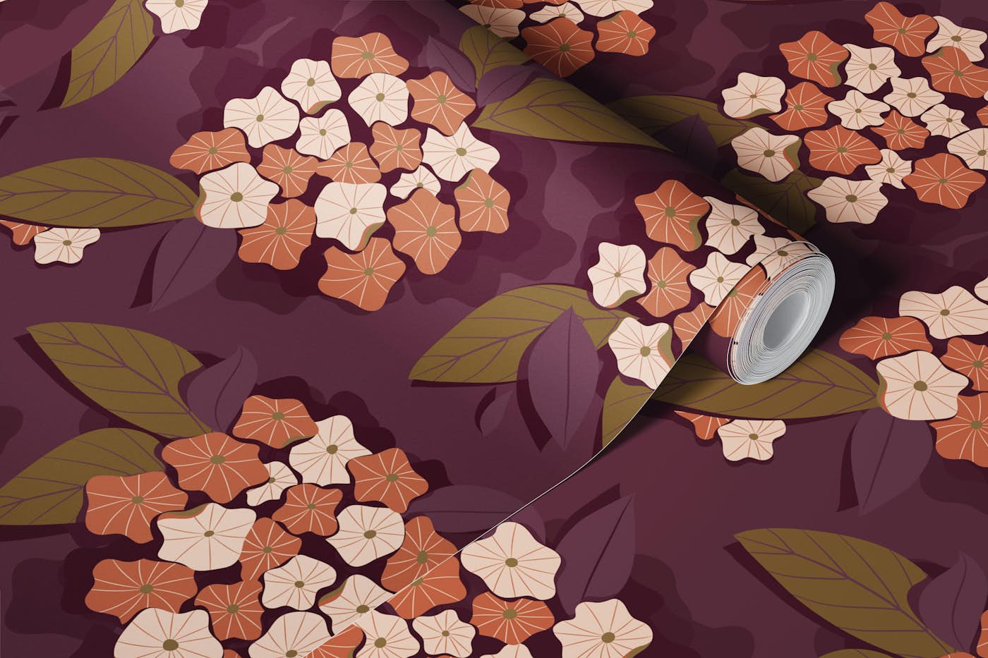 Blossoms on Maroon wallpaper roll