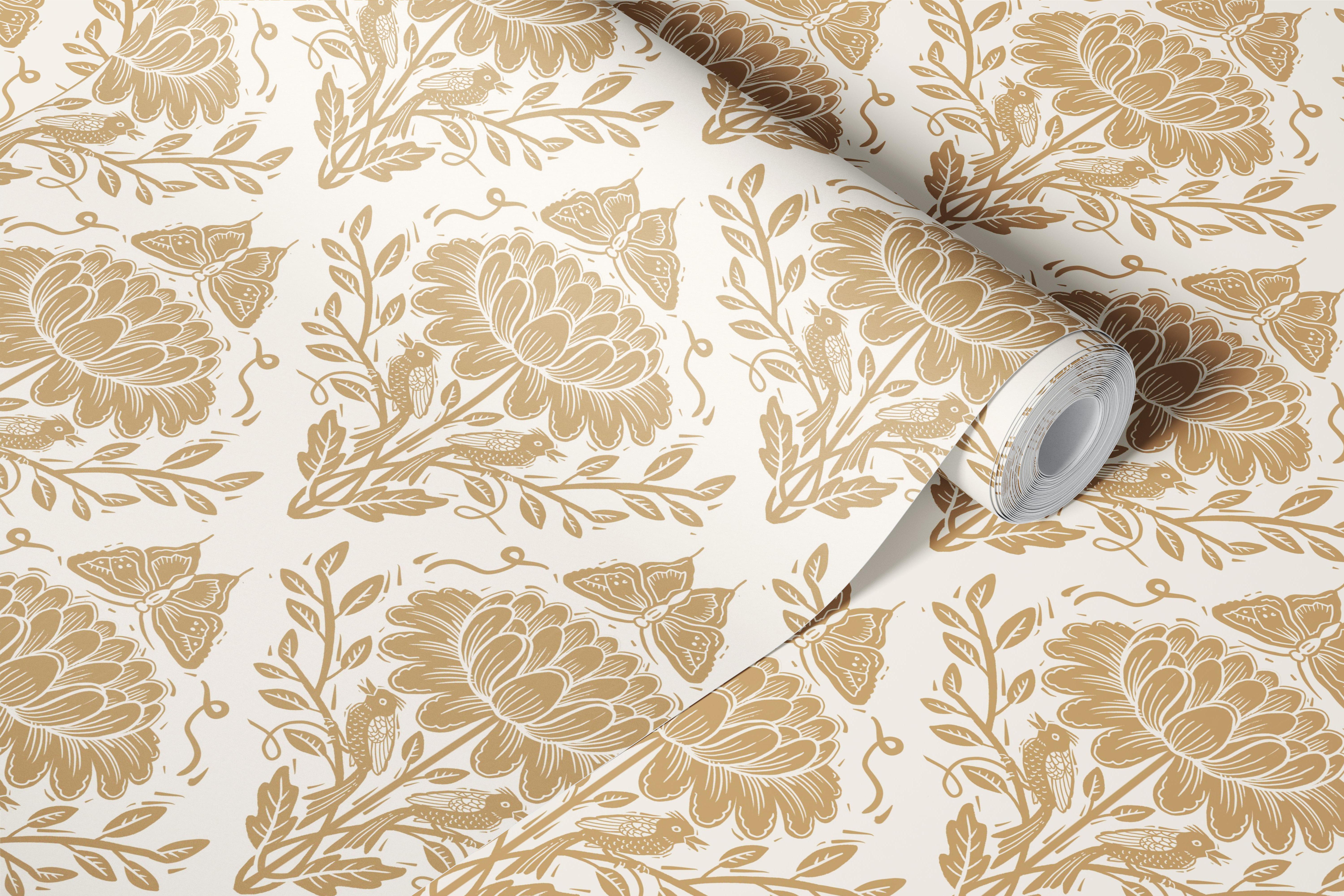 Beige floral wallpaper with birds, butterflies, and intricate patterns