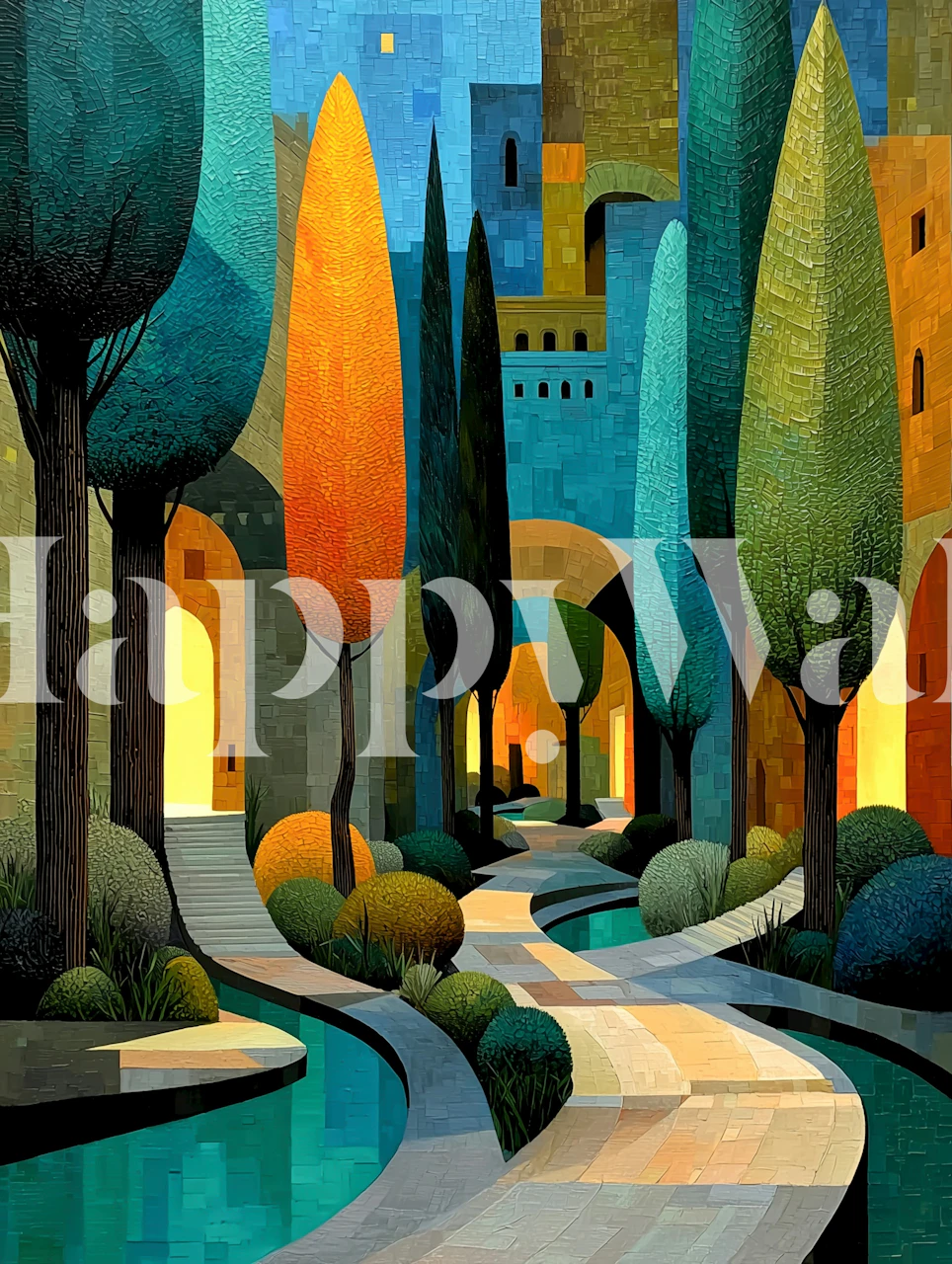 Colorful mystical city setting with stylized trees and paths wallpaper