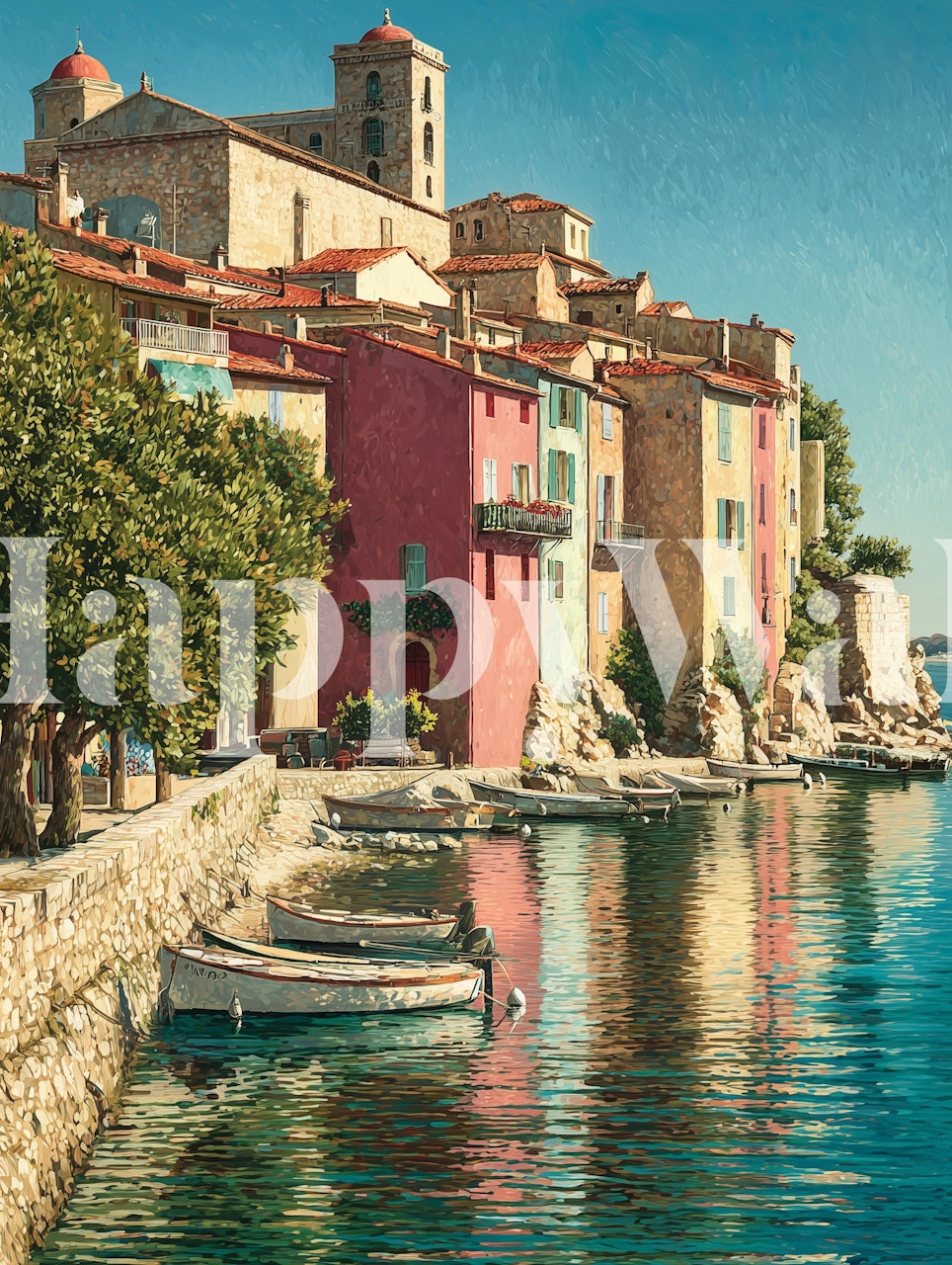 Colorful coastal village wallpaper in a room