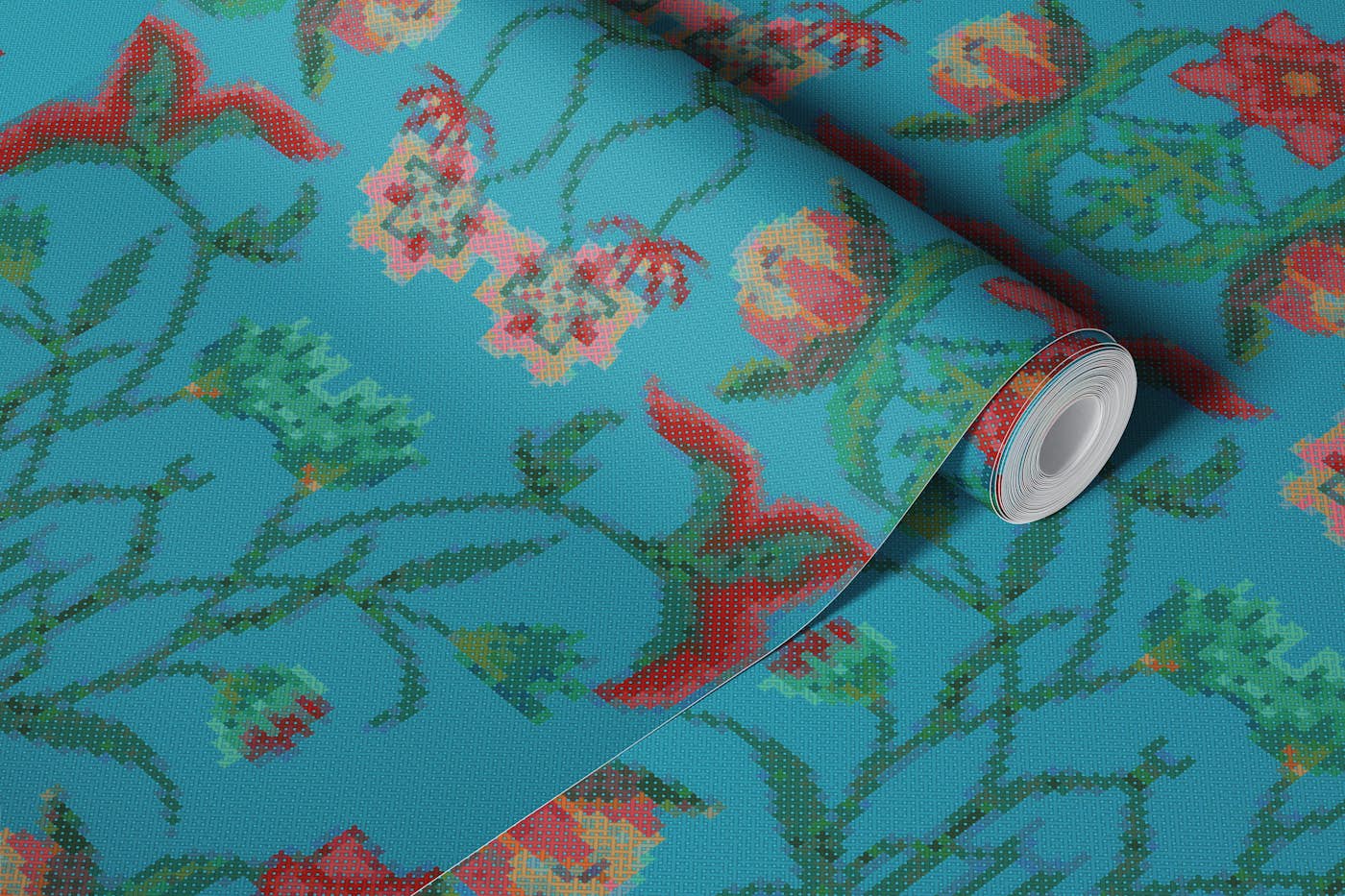 Cross Stitch Bohemian Embroidery in Turquoise wallpaper roll