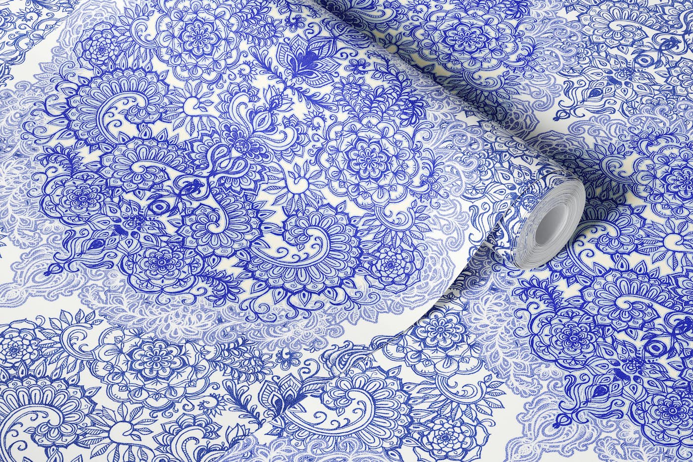 Victorian Art Nouveau Doodle in Blue wallpaper roll