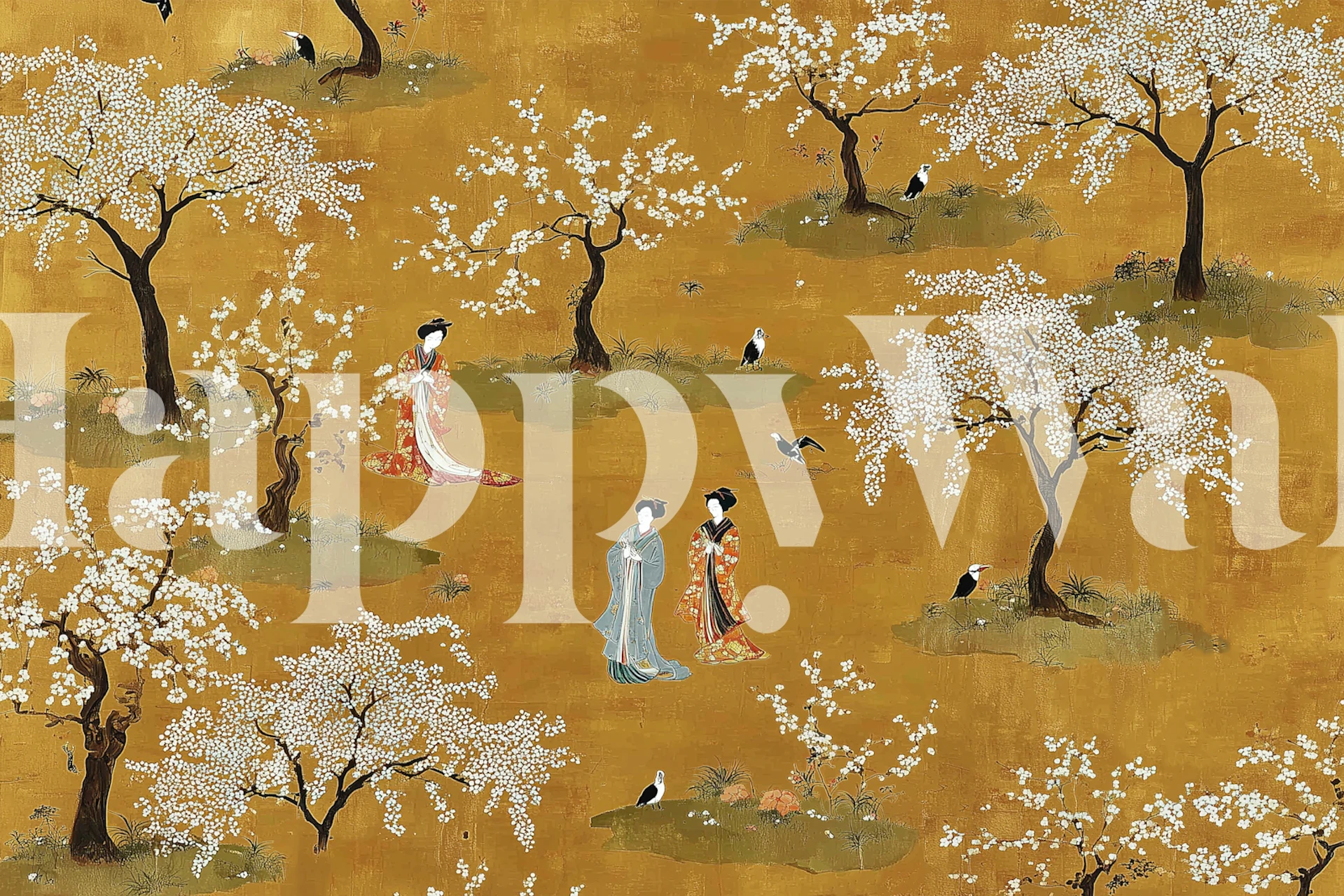 Elegant springtime wallpaper with blossoms in a room.