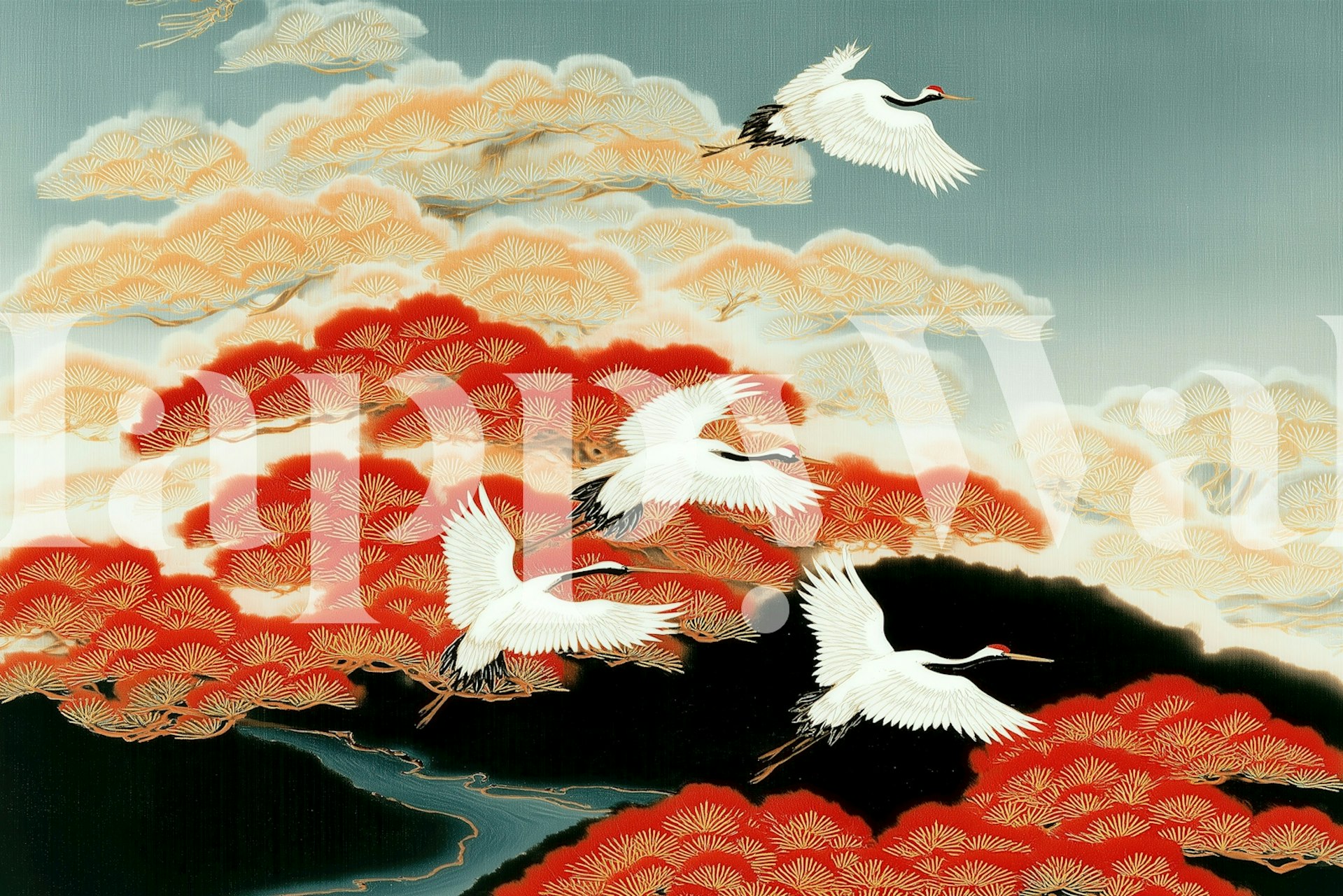 Cranes flying over red autumn trees on a muted background wallpaper