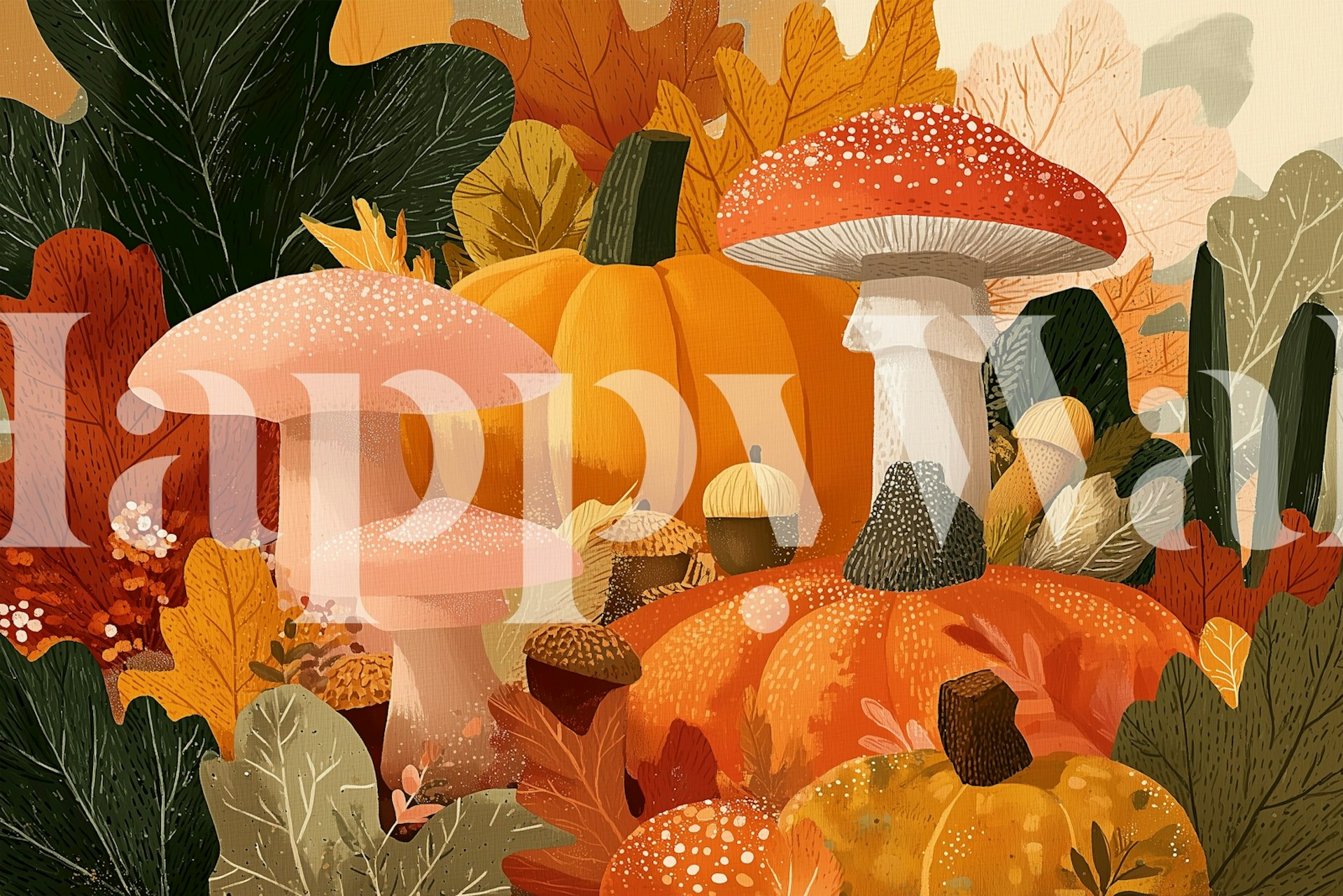 Colorful pumpkins and mushrooms amidst autumn leaves wallpaper
