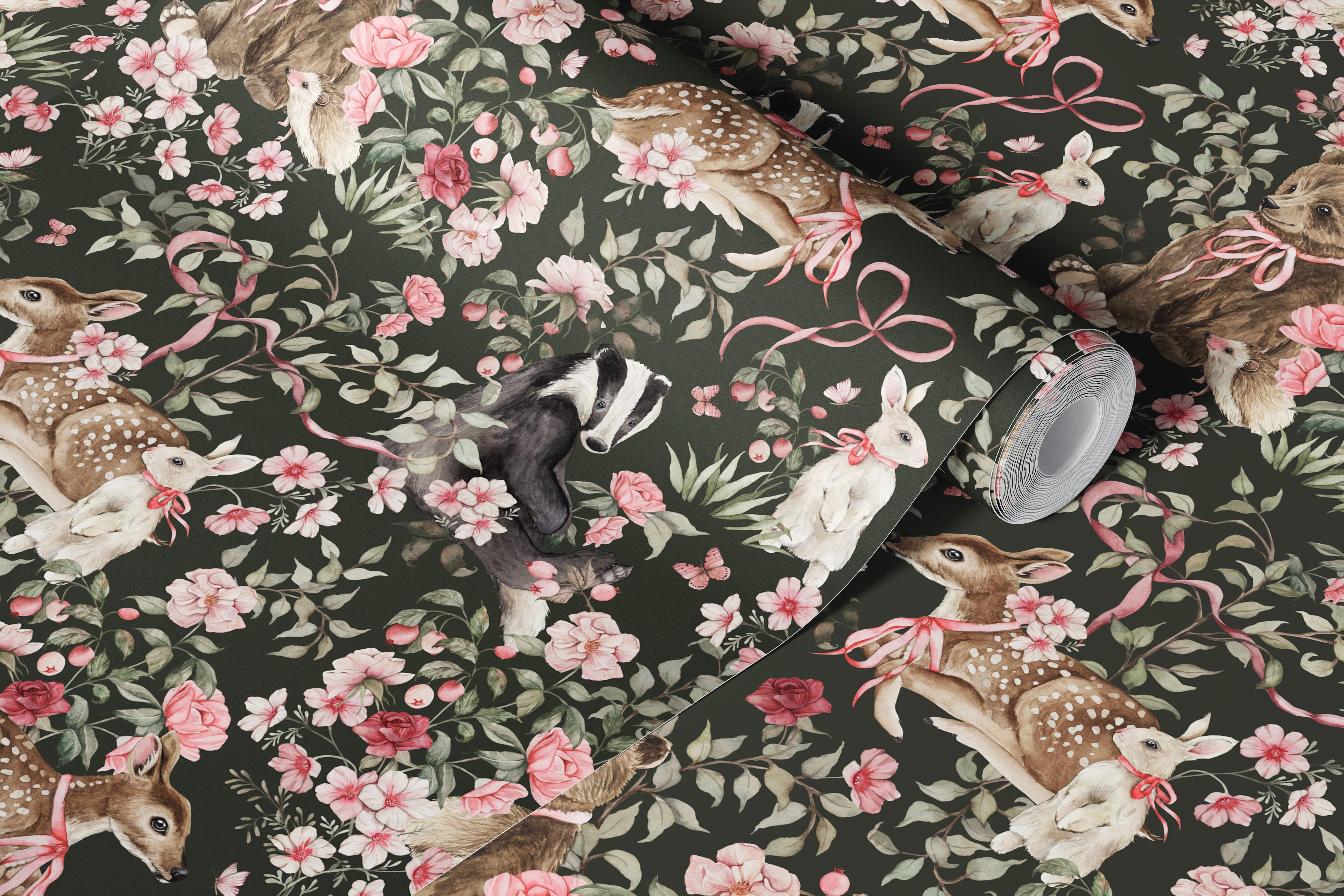 Pink Forest Animals wallpaper in a cozy room