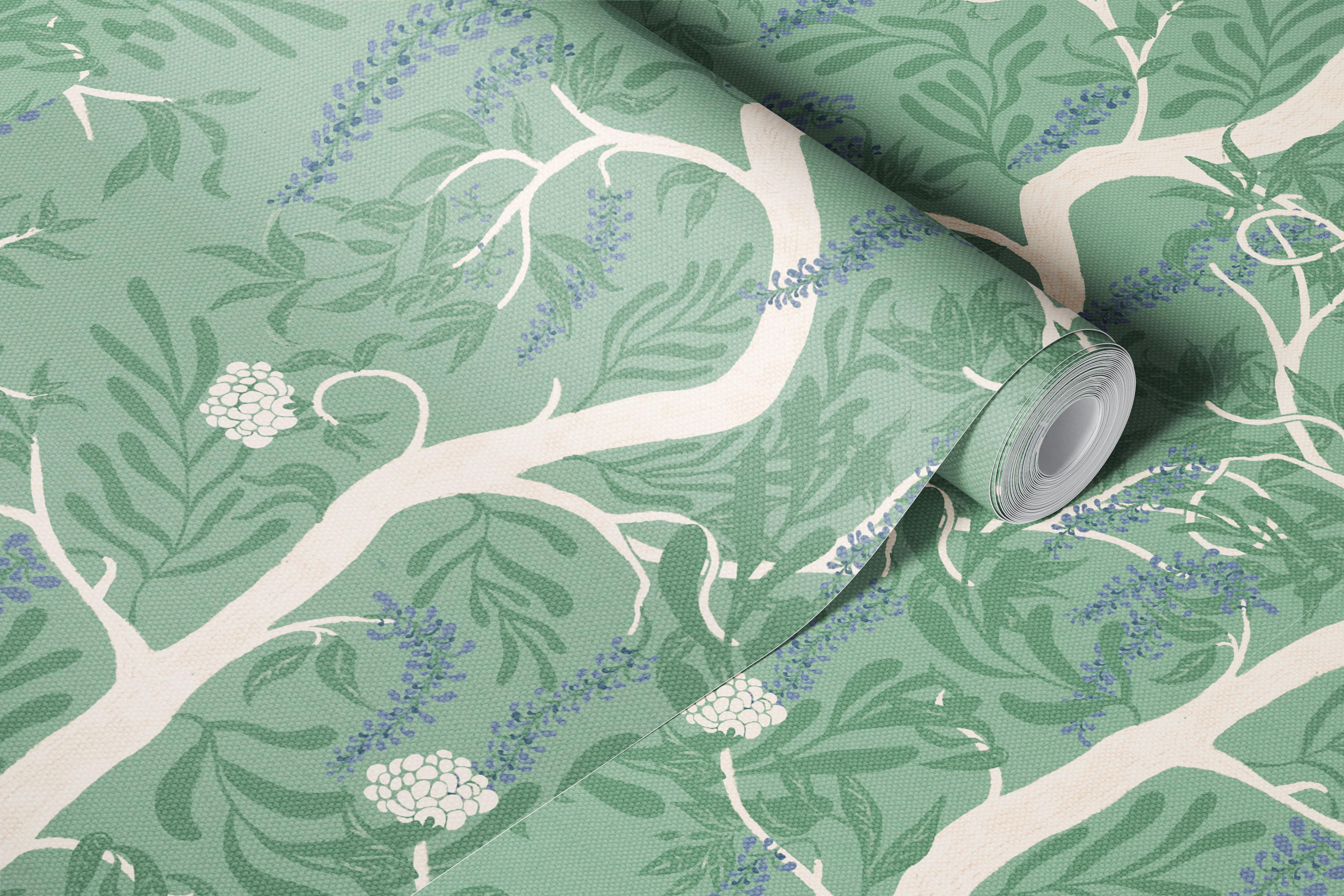 Wisteria branches with green leaves and delicate flowers wallpaper