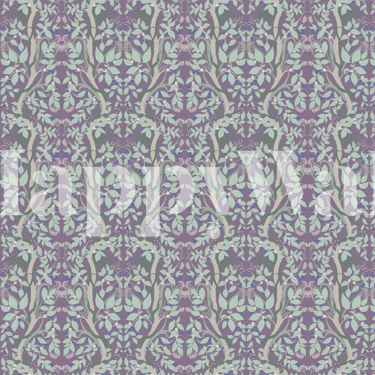 Purple floral pattern with blackberries and green leaves wallpaper