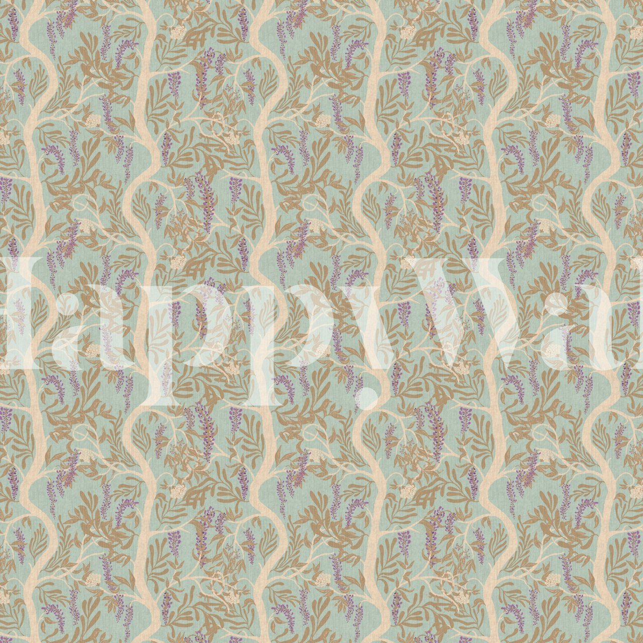 Wisteria floral wallpaper with warm tones of beige, lavender, and soft teal
