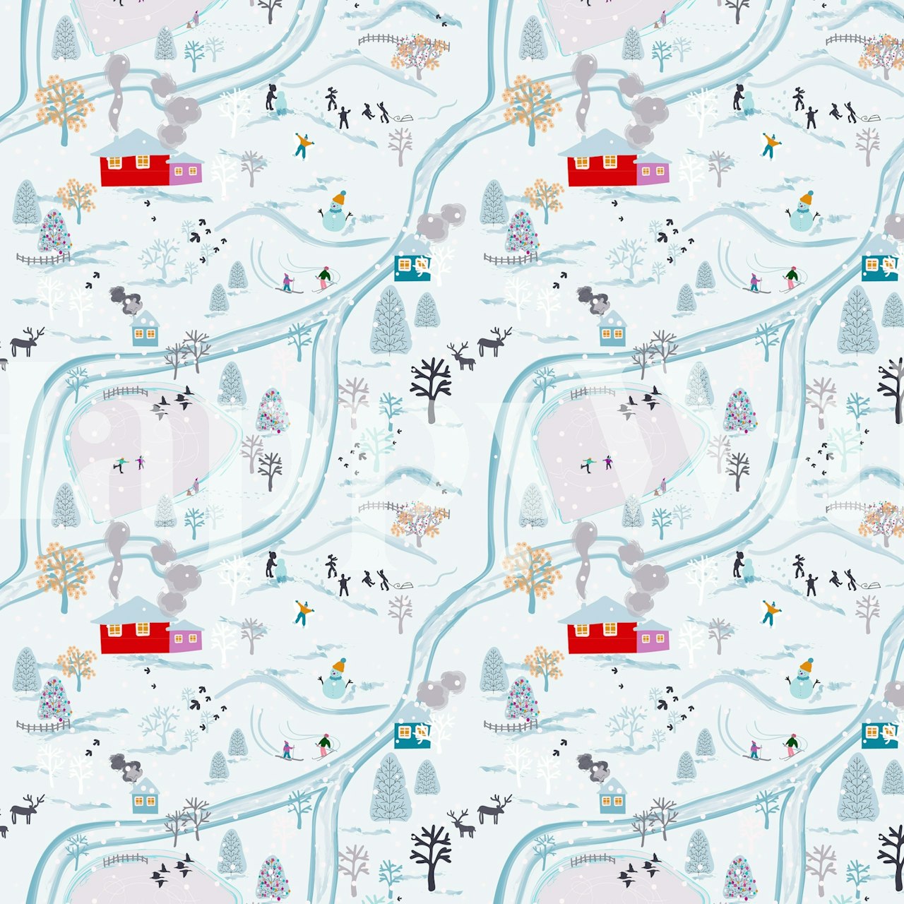 Winter landscape with colorful houses, trees, and activities, Snow Day wallpaper