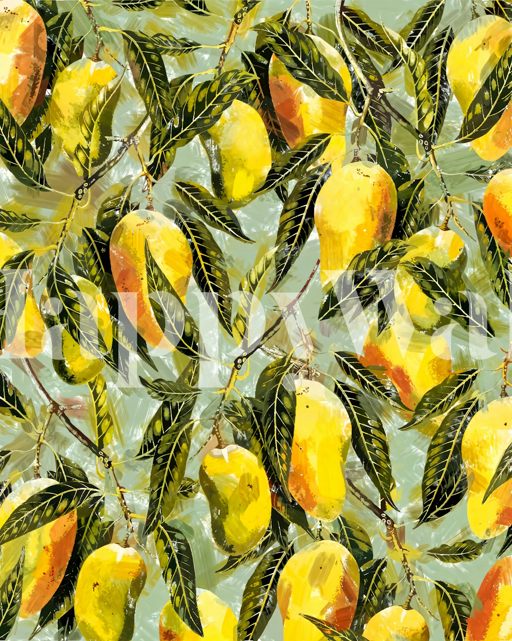 Design della carta da parati Mango Season con mango e foglie