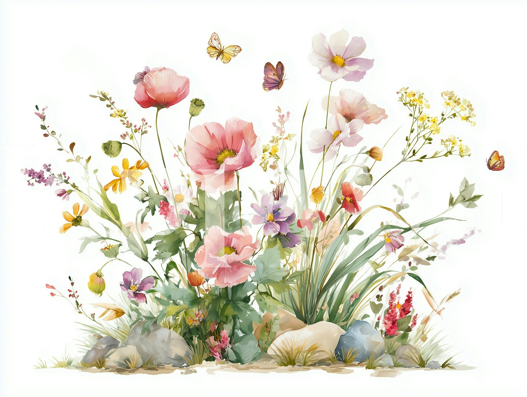 Colorful flowers and butterflies on white background wallpaper