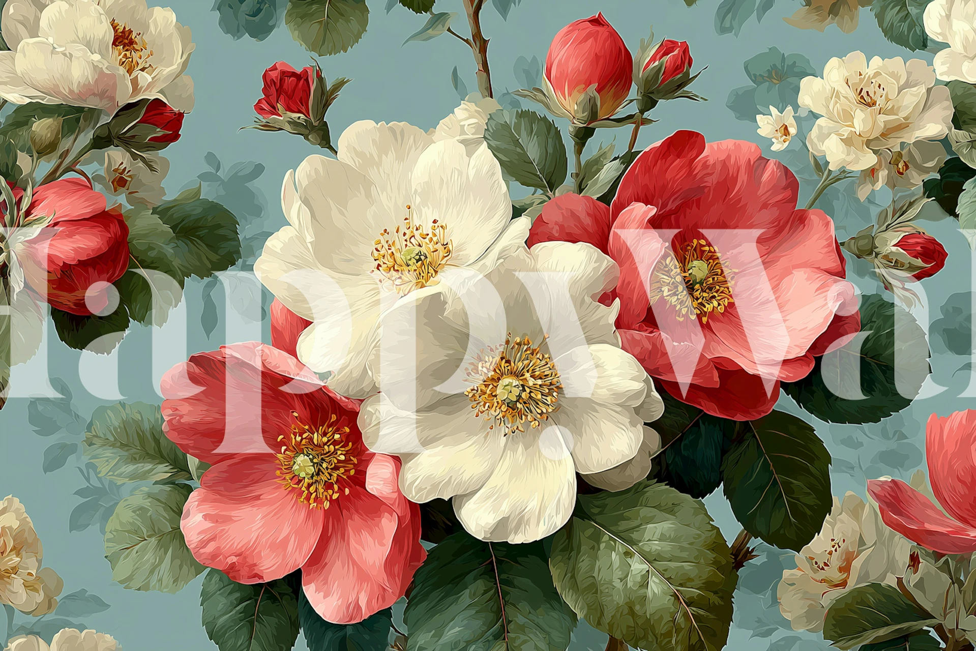 Pink and white rose floral pattern on blue wallpaper