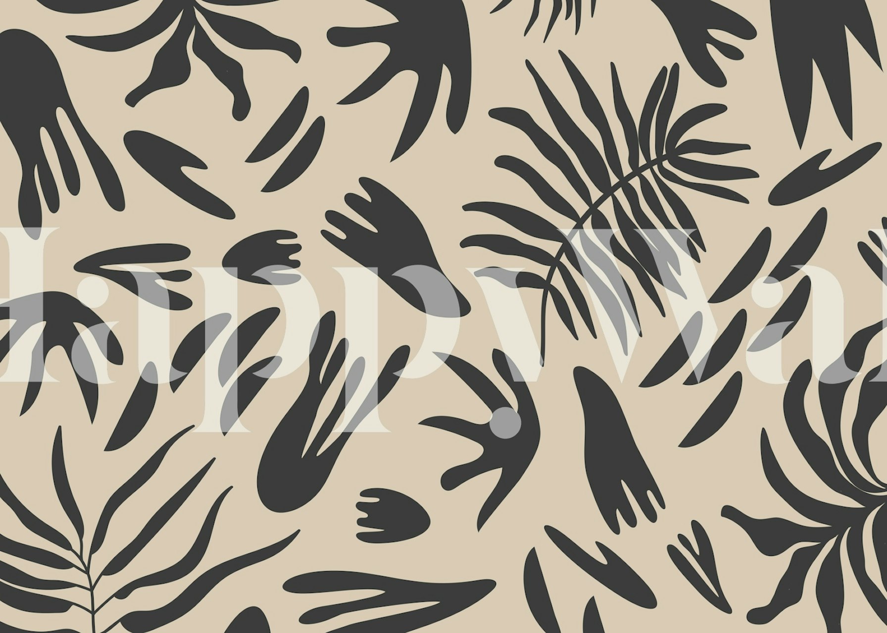 Black abstract leaves and hand shapes on a light background wallpaper