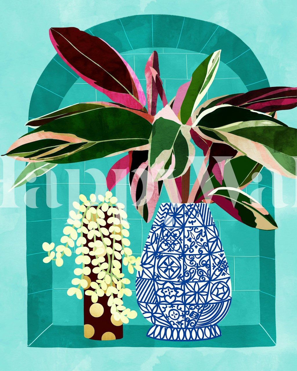 Botanical wallpaper with blue vase and colorful plants on a teal background