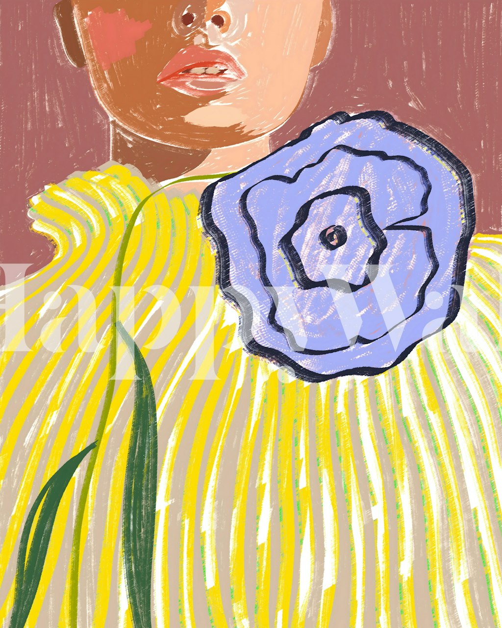 Hand-drawn floral design with yellow stripes and purple flower wallpaper