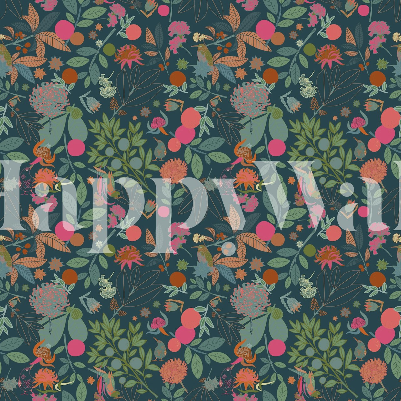 Colorful autumn floral pattern wallpaper with various leaves and flowers in vibrant colors