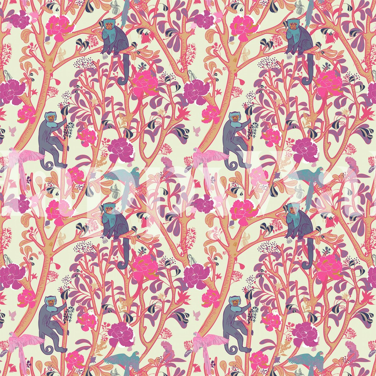 Capuchin monkeys and floral patterns in bright pink wallpaper