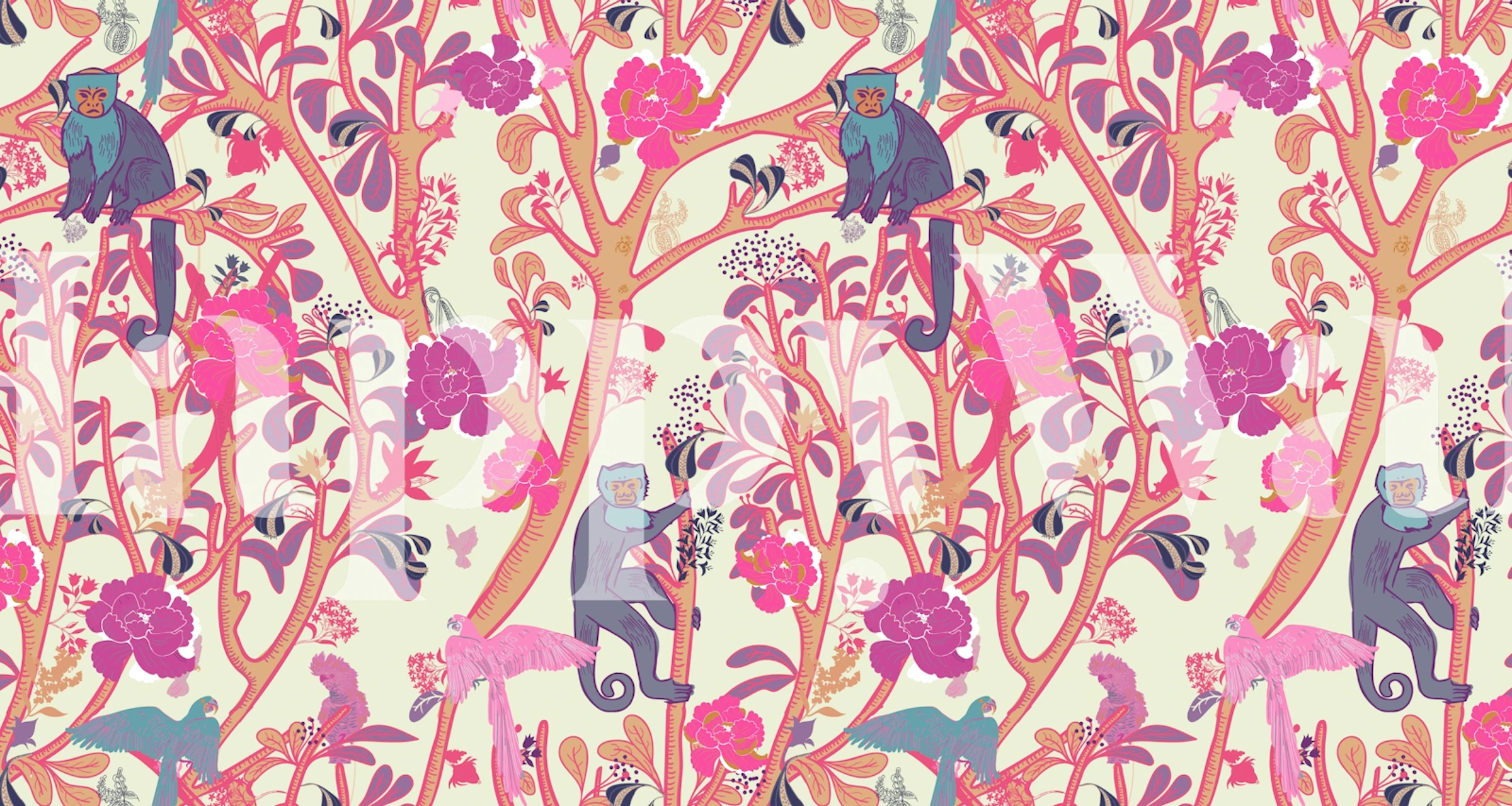 Capuchin monkeys and floral patterns in bright pink wallpaper