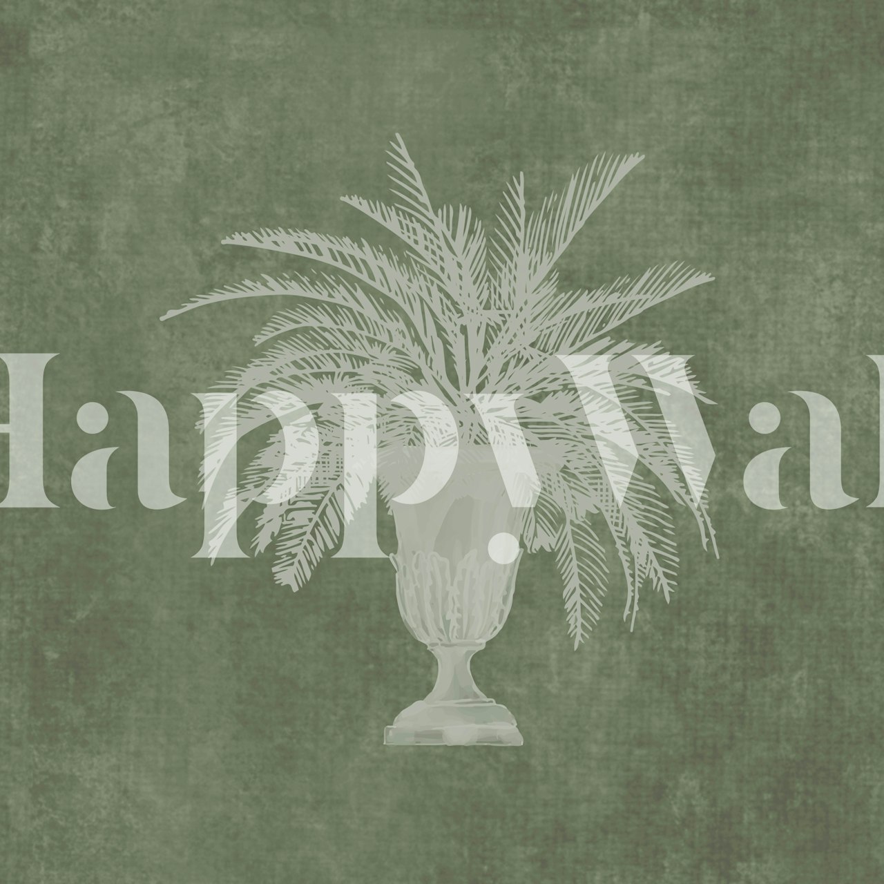Vintage urn with palm tree in white on green background wallpaper