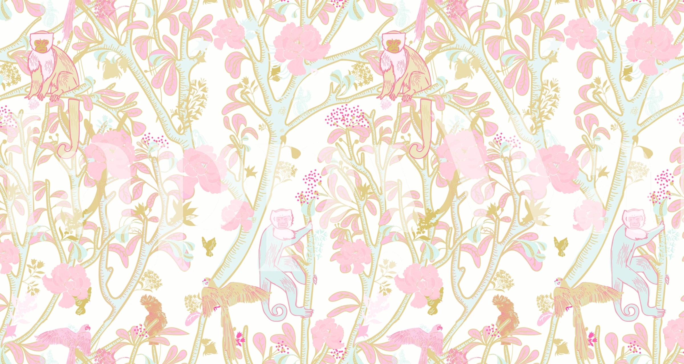 Floral pattern with capuchin monkeys in pastel pink wallpaper.