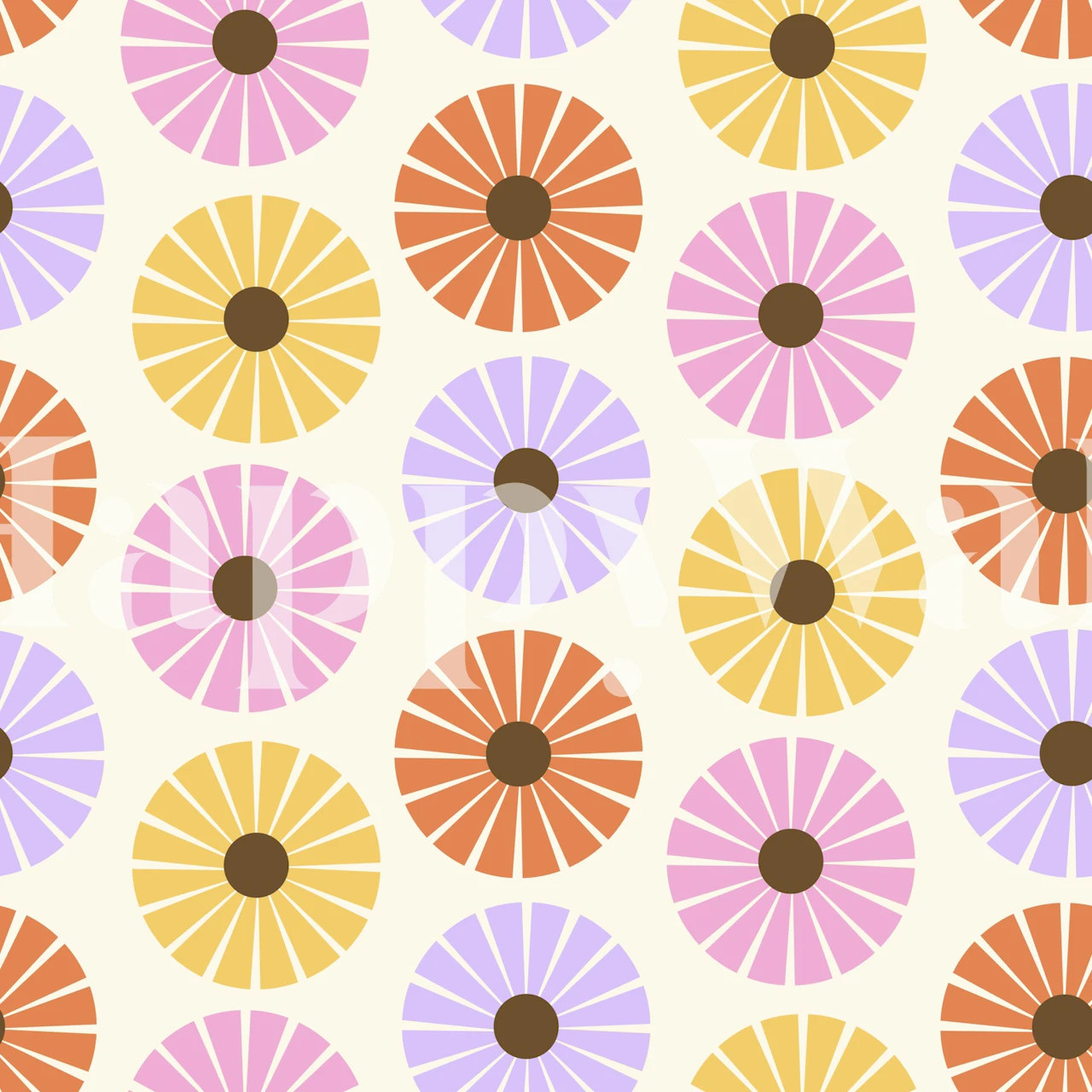 Colorful circular floral patterns in pink, yellow, and purple wallpaper