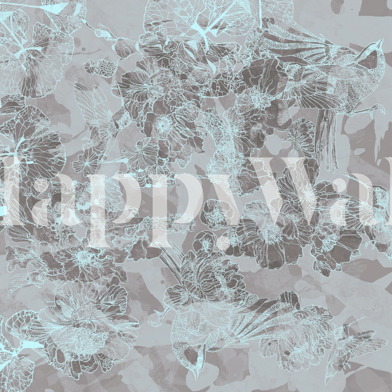 Light blue and gray floral wallpaper with intricate flower patterns