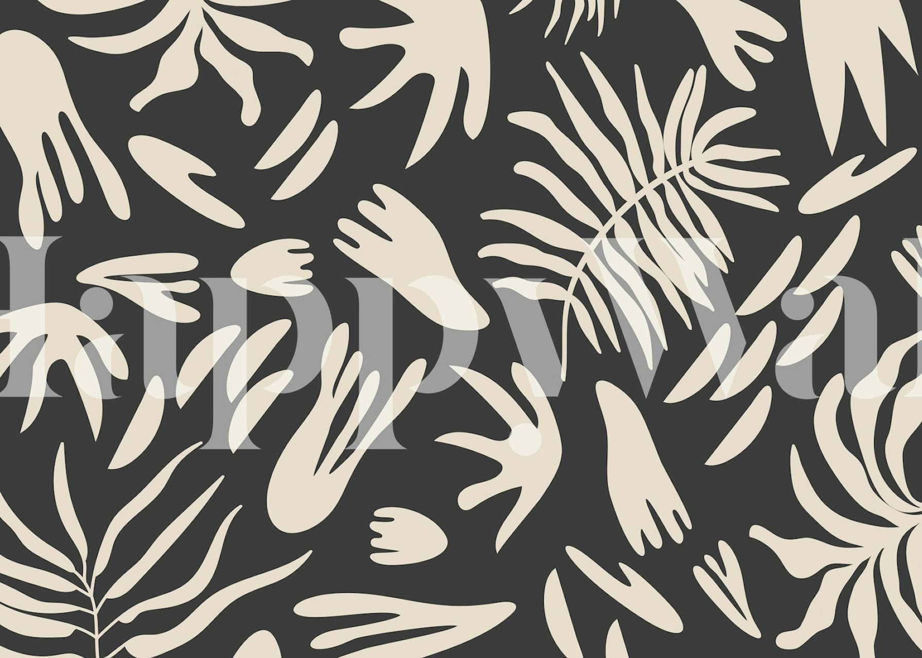 Monochrome botanical leaves wallpaper in a room