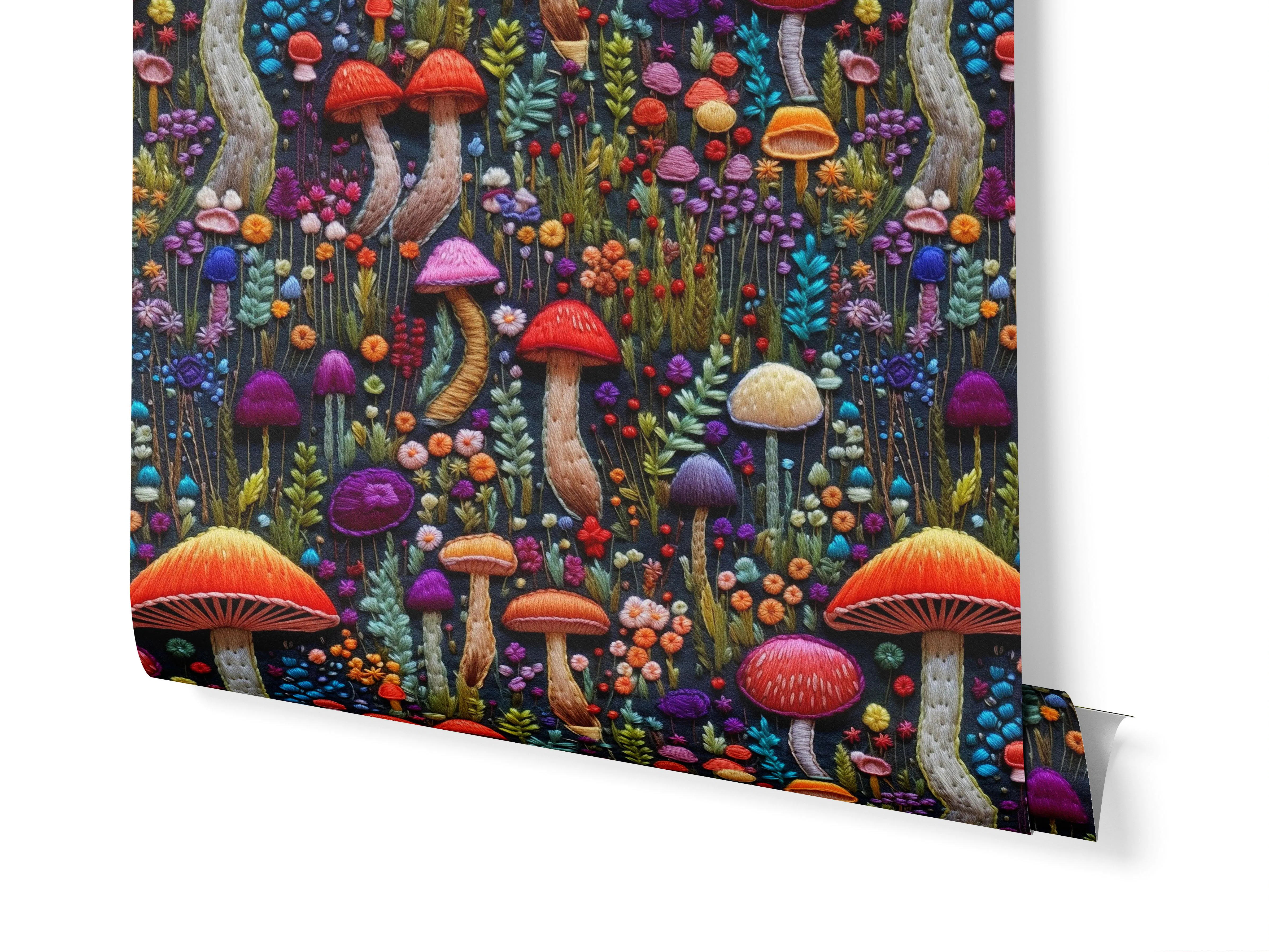 Colourful Mushrooms and Flowers wallpaper roll