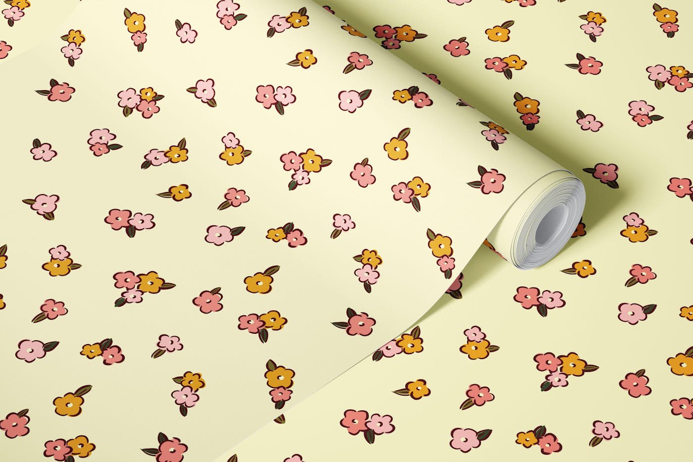 Butter yellow grandmillenial ditsy floral wallpaper roll