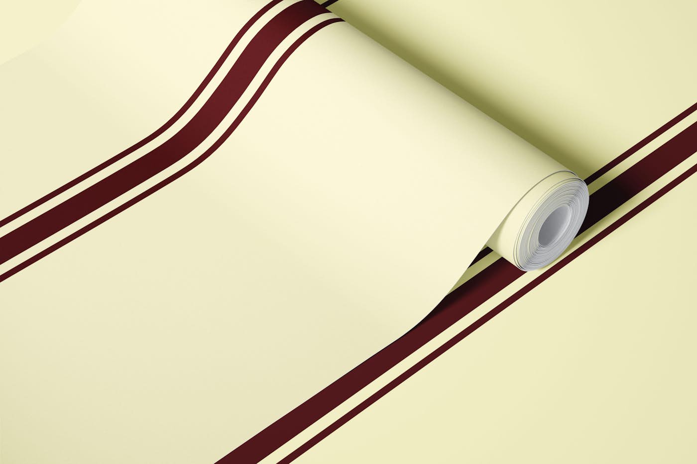 Butter yellow and burgundy ticking stripe wallpaper roll