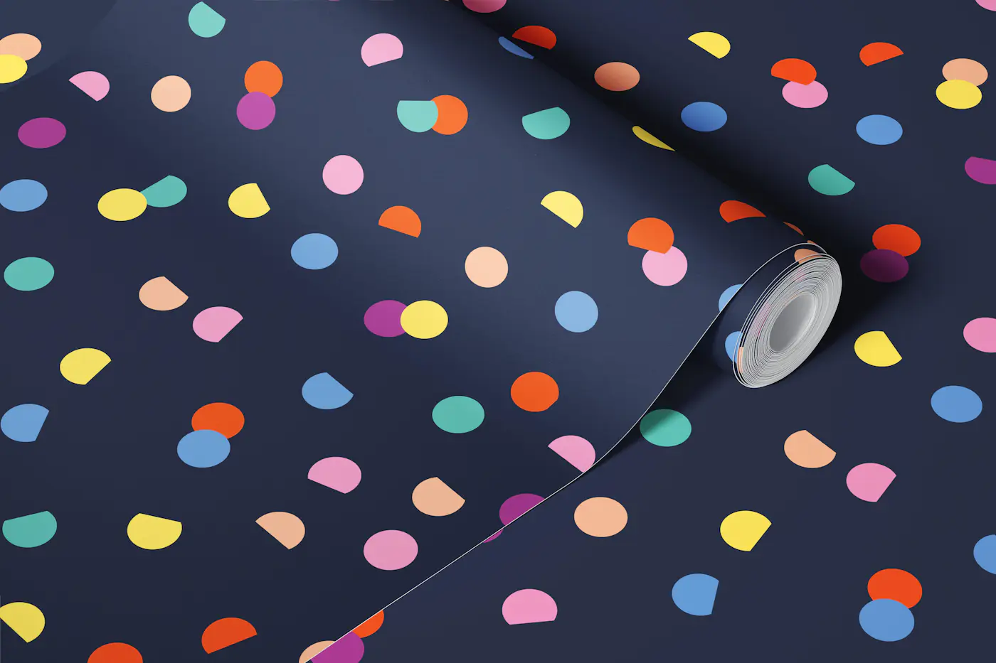 confetti spots bright multicolour on navy wallpaper roll