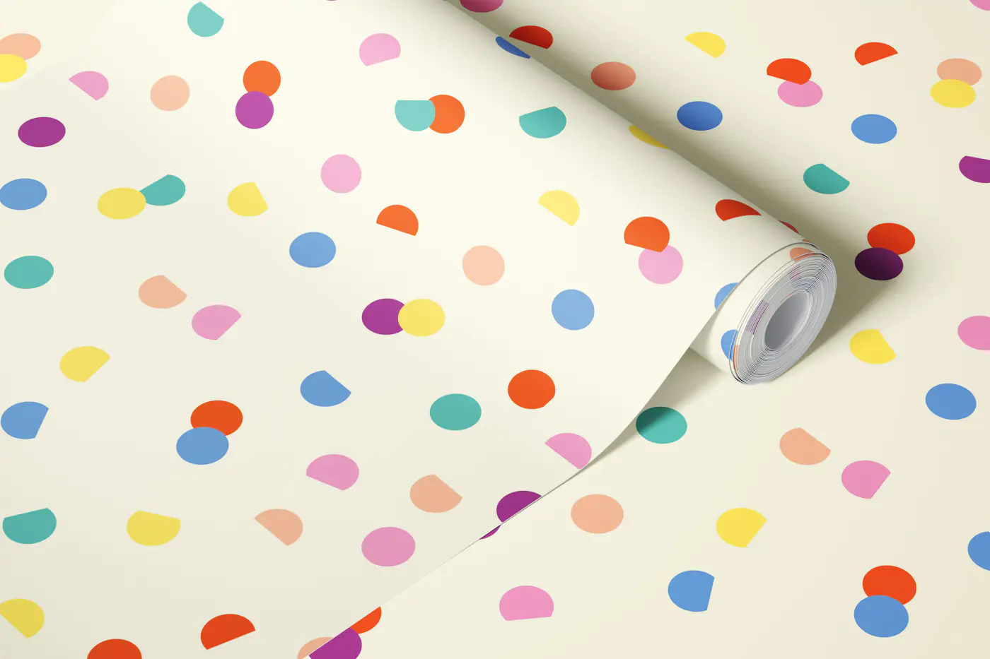 Confetti dots bright multicolour on cream wallpaper roll