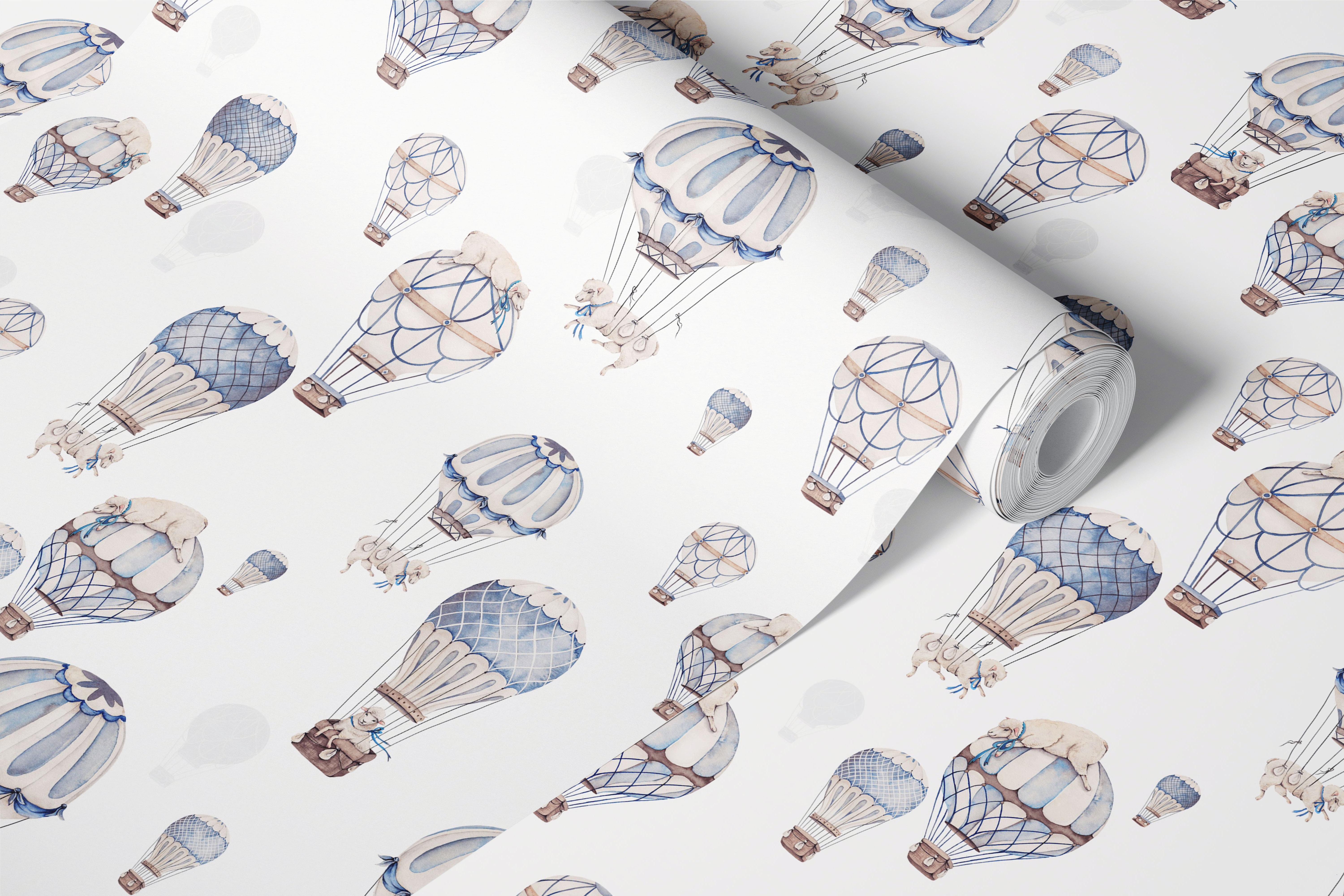 Vintage balloon patterns with sheep in blue tones wallpaper