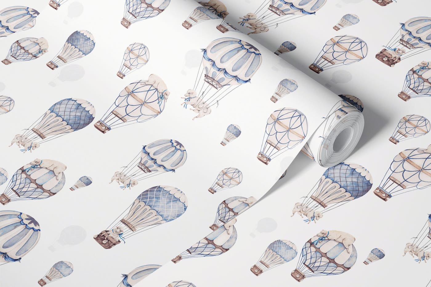 Vintage Balloon and Sheep - blue light wallpaper roll
