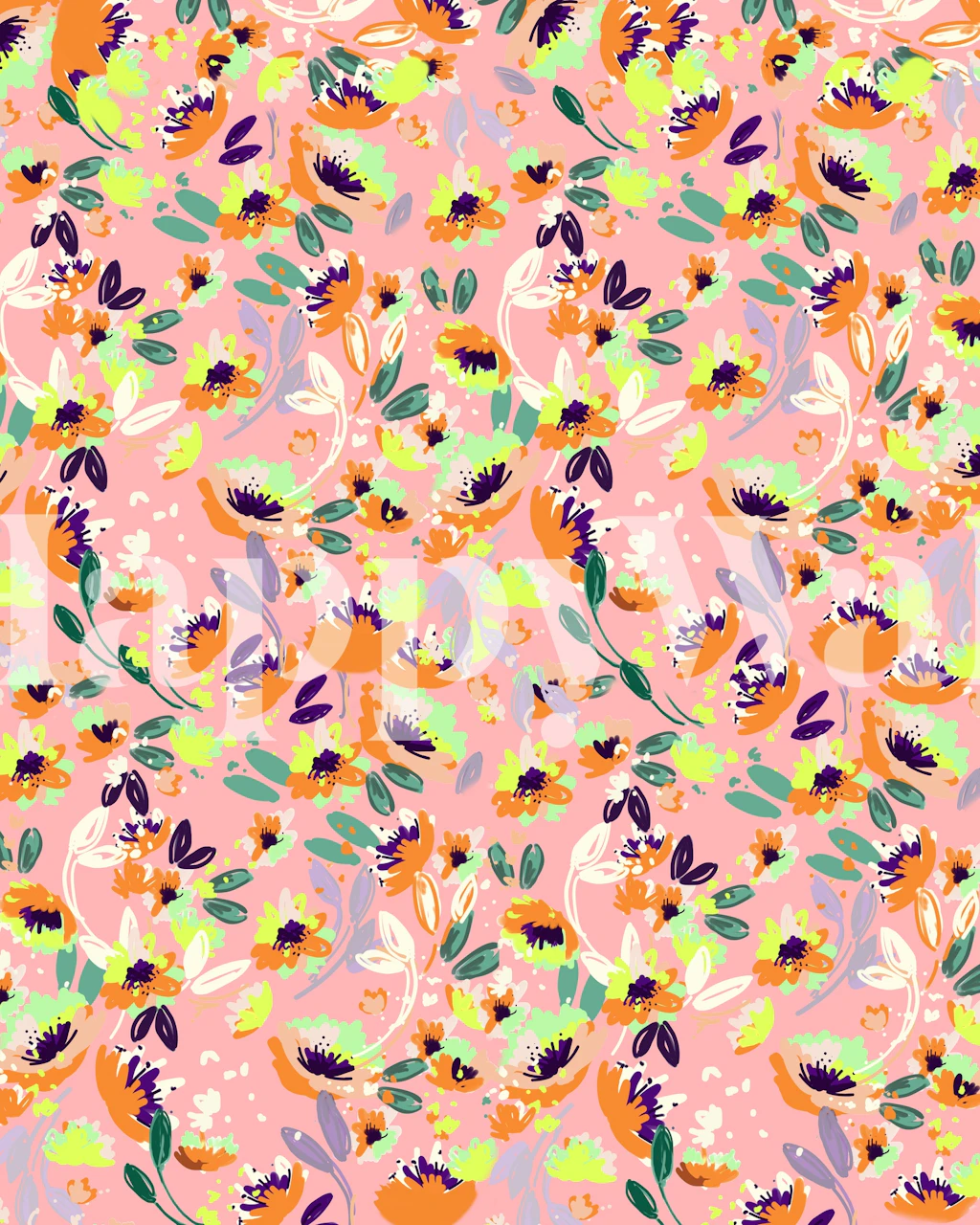 Fotomural vinílico de parede colorido com padrão floral e fundo rosa pastel