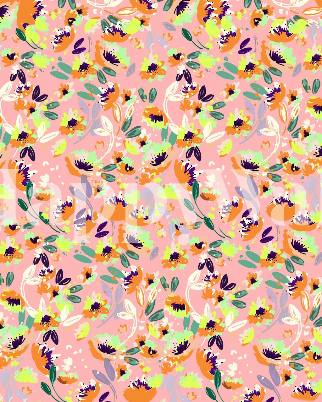 Kleurrijke bloemmotief muurschildering met pastelroze achtergrond