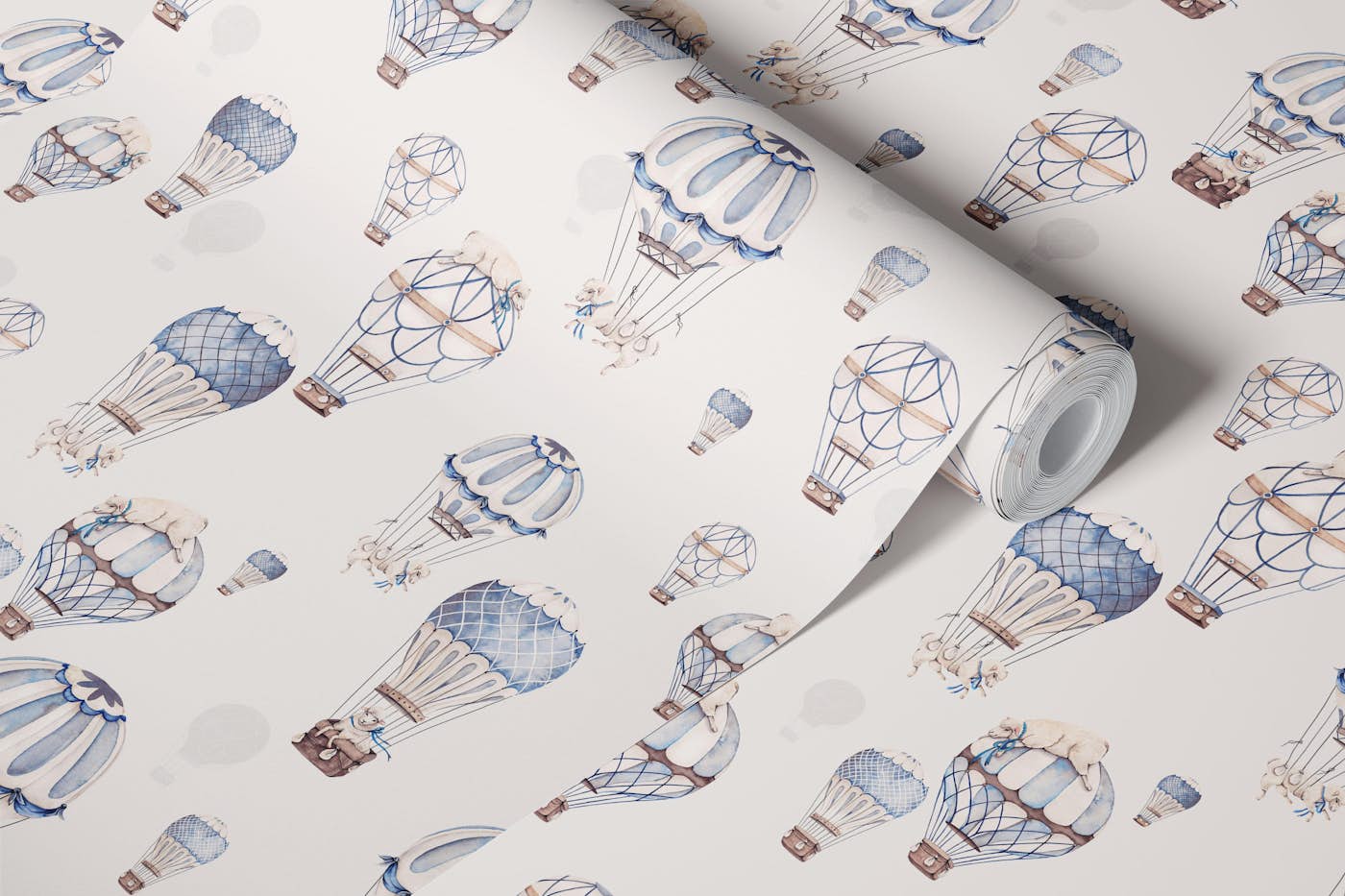 Vintage Balloon and Sheep - blue wallpaper roll