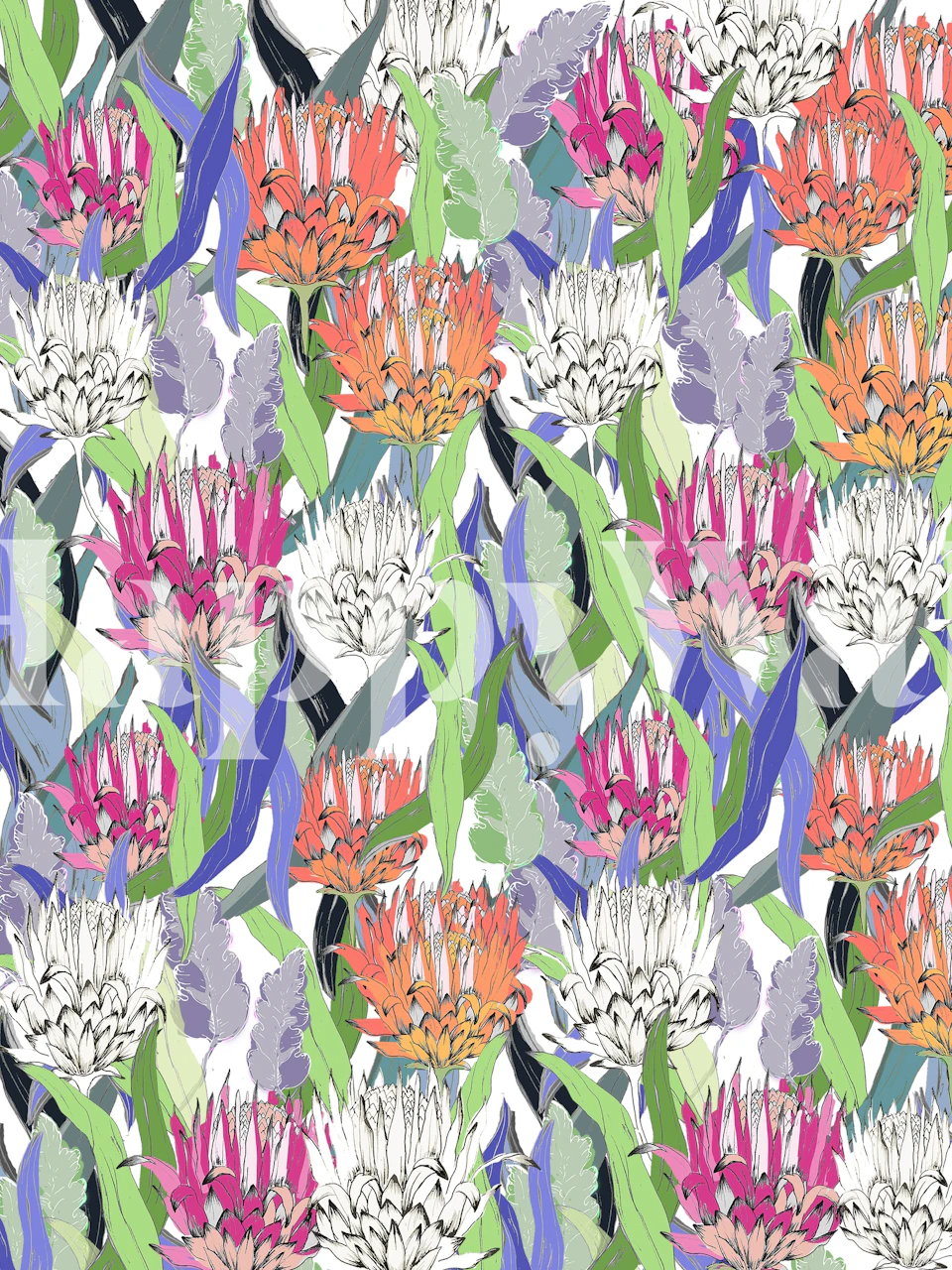 Colorful Protea Garden wallpaper in a room.