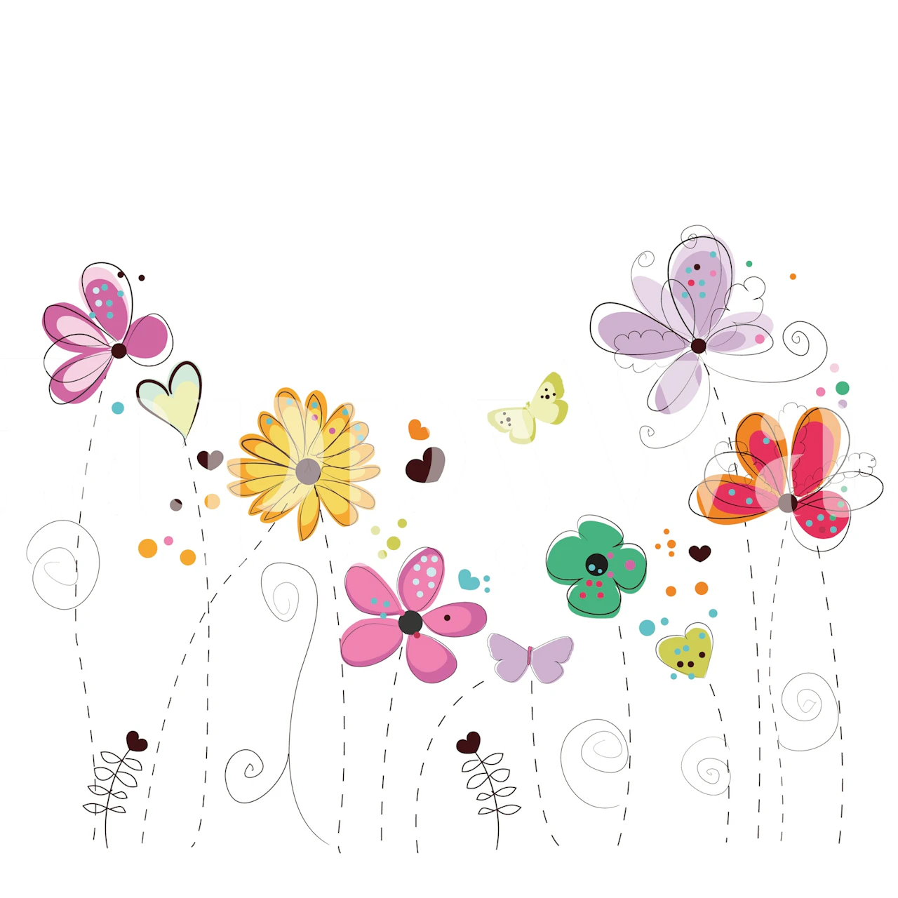 Colorful doodle flowers in pink, yellow, green, and purple wallpaper