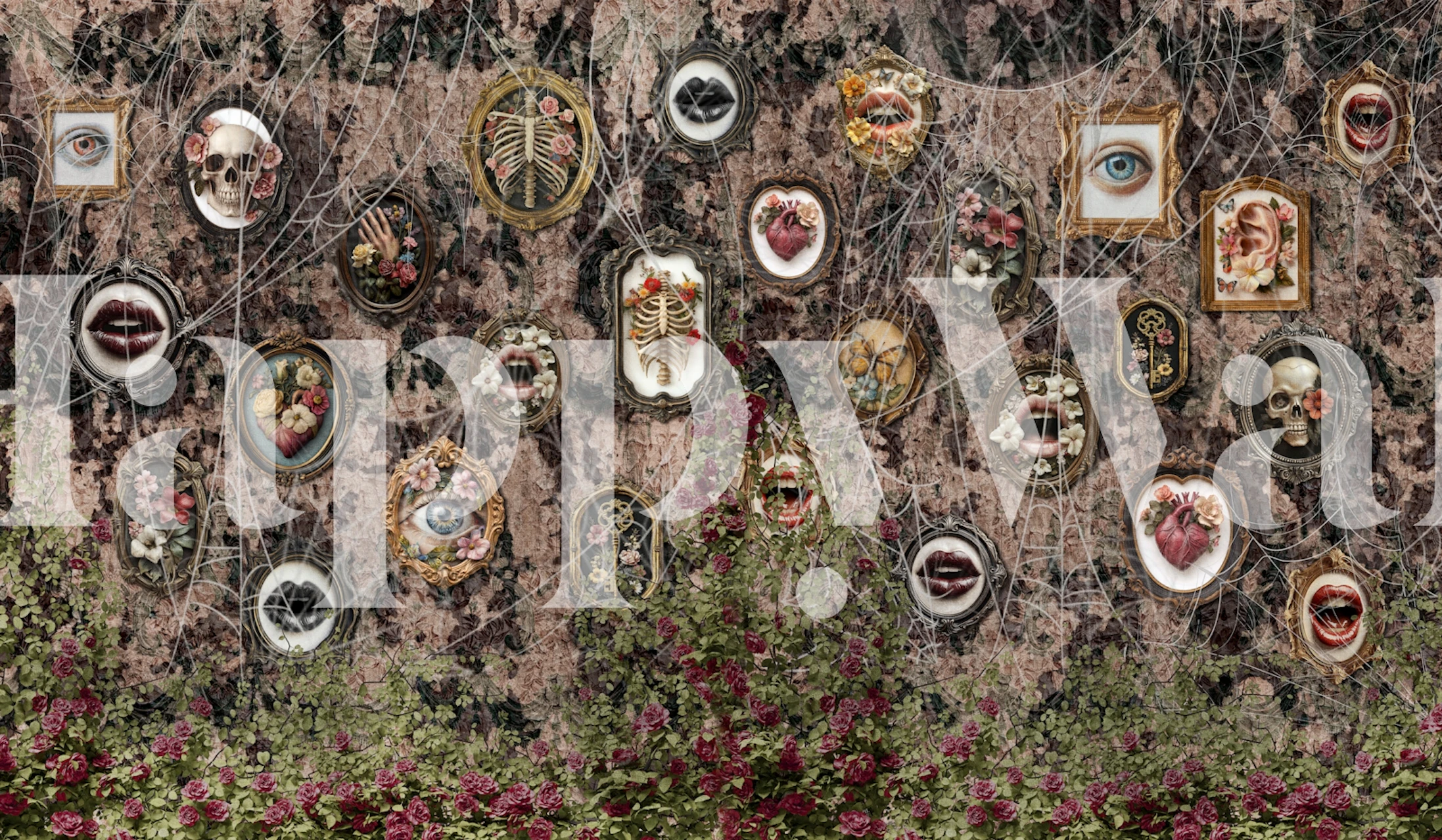 Frames with eye, skull, and flowers on dark wall wallpaper