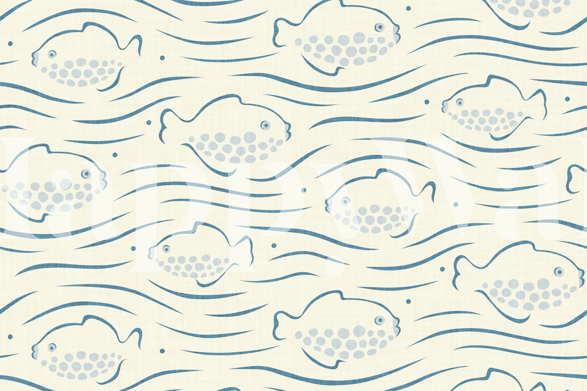 Dotted fish swimming in waves design, blue and cream wallpaper