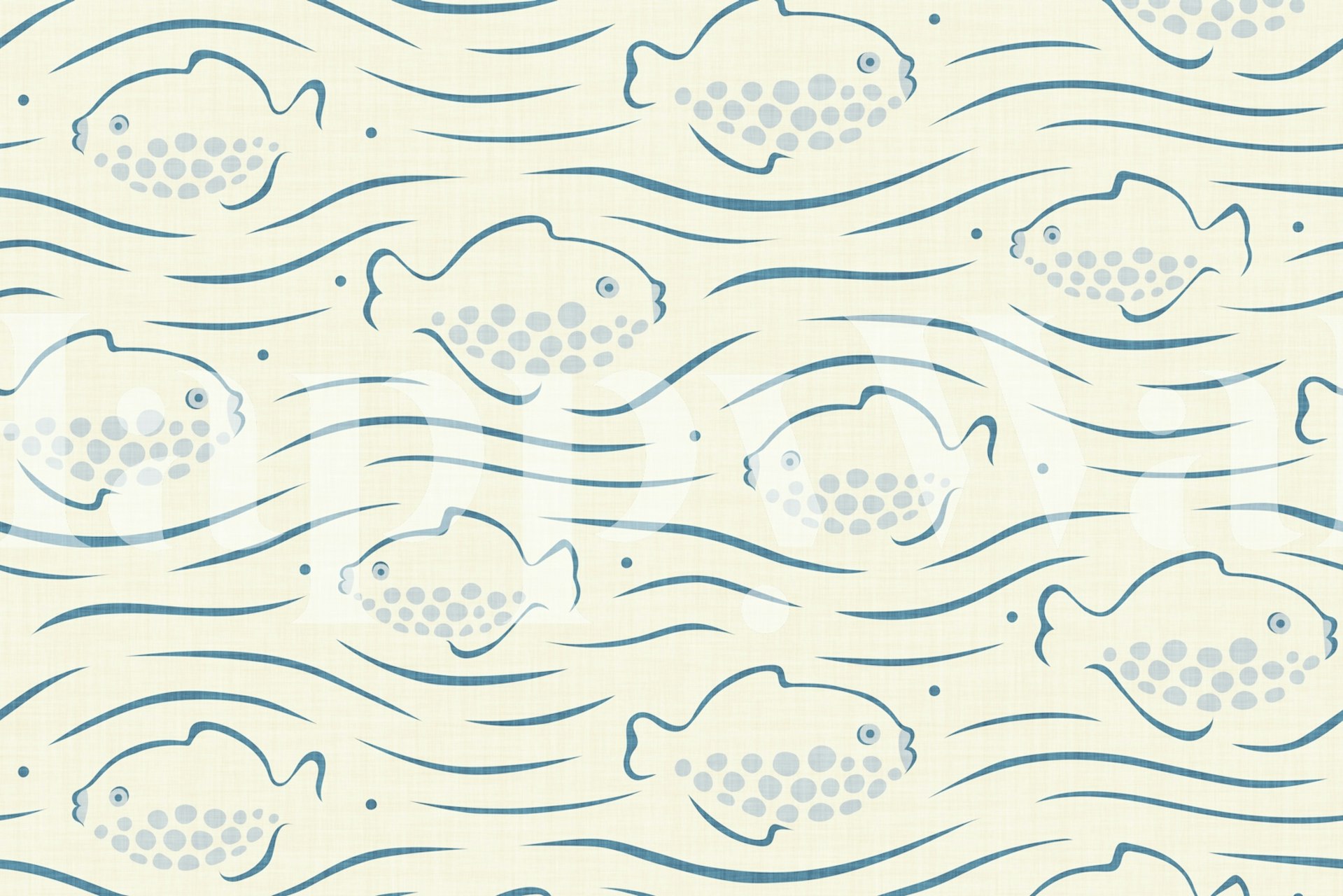 Dotted fish swimming in waves design, blue and cream wallpaper