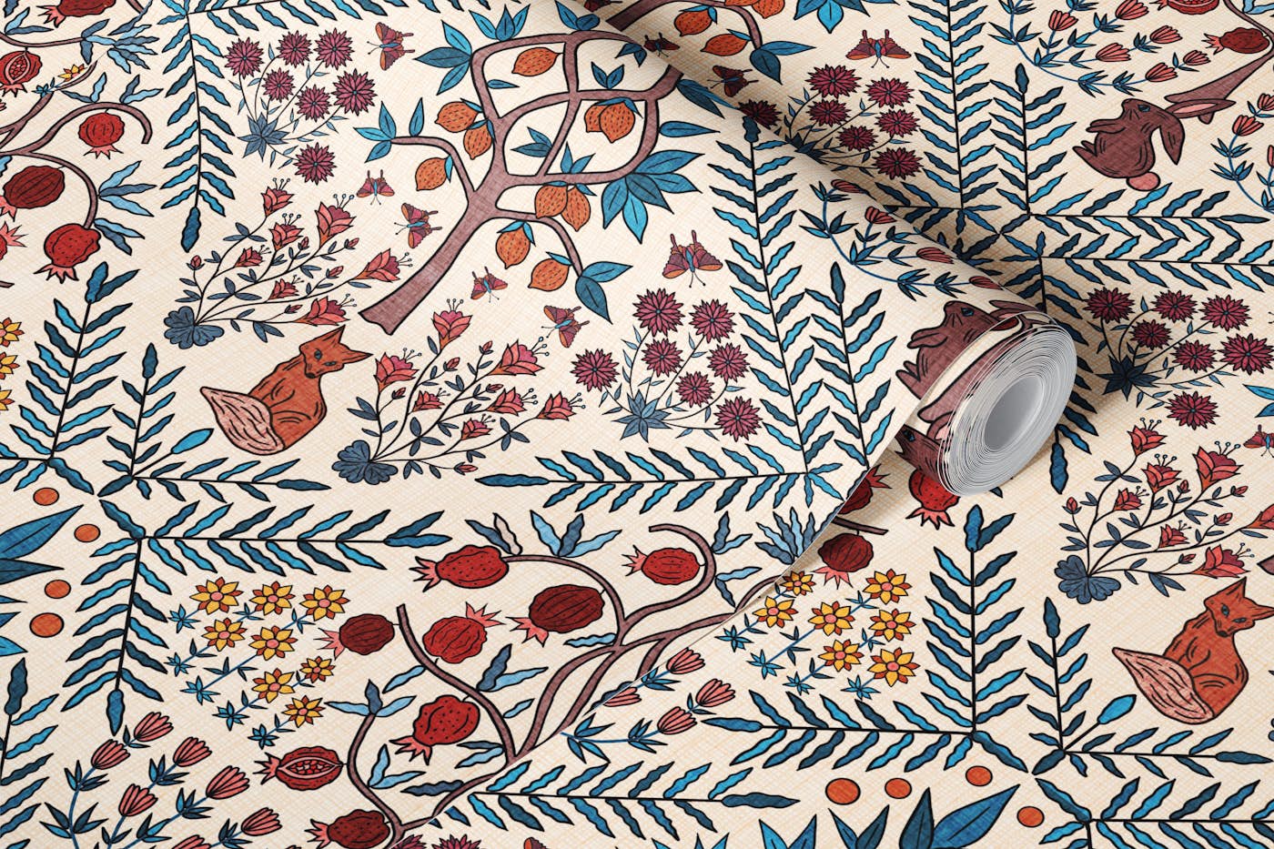 Fox and Lemon Garden - Crimson & Teal - S wallpaper roll