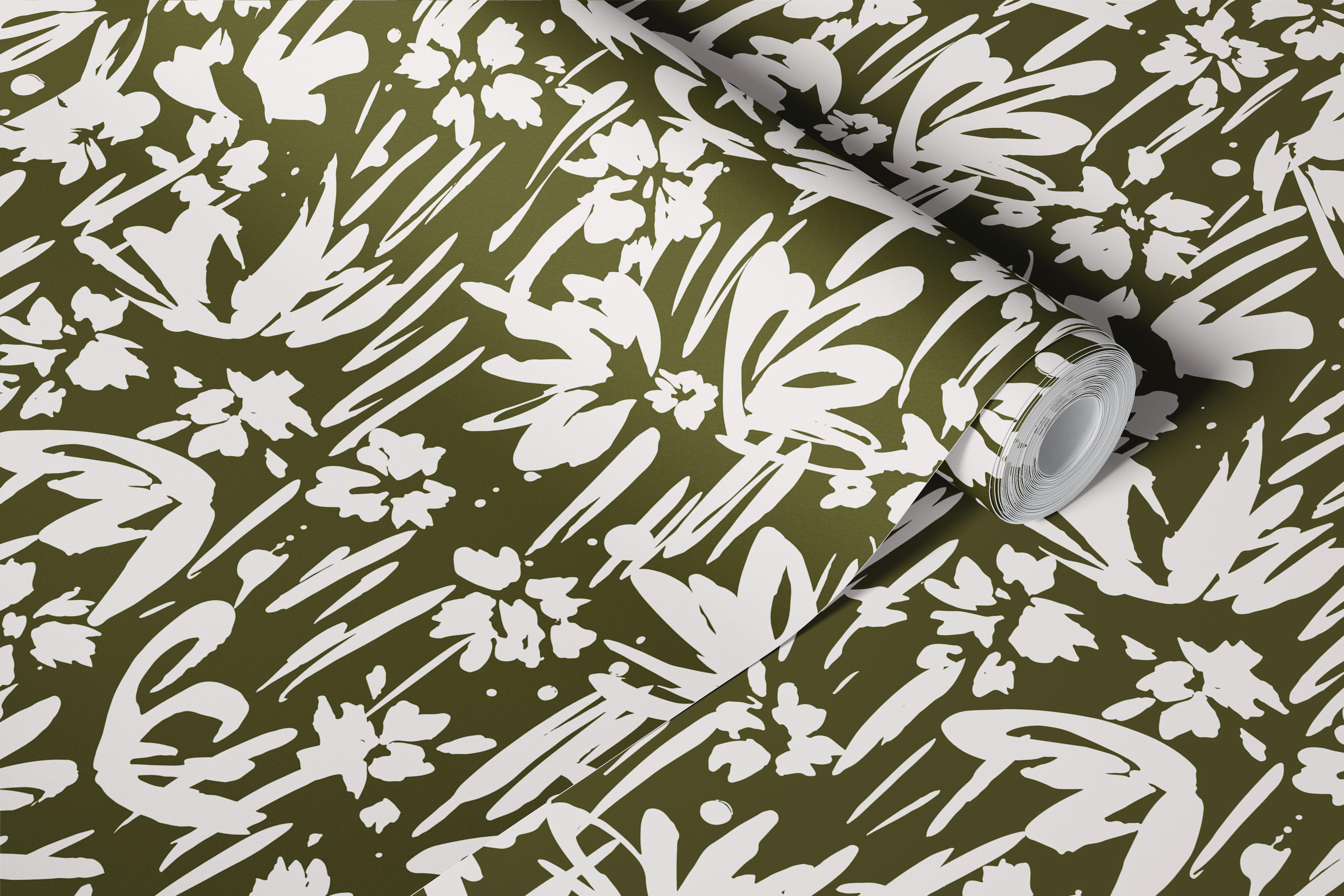 Abstract floral pattern in green and white wallpaper