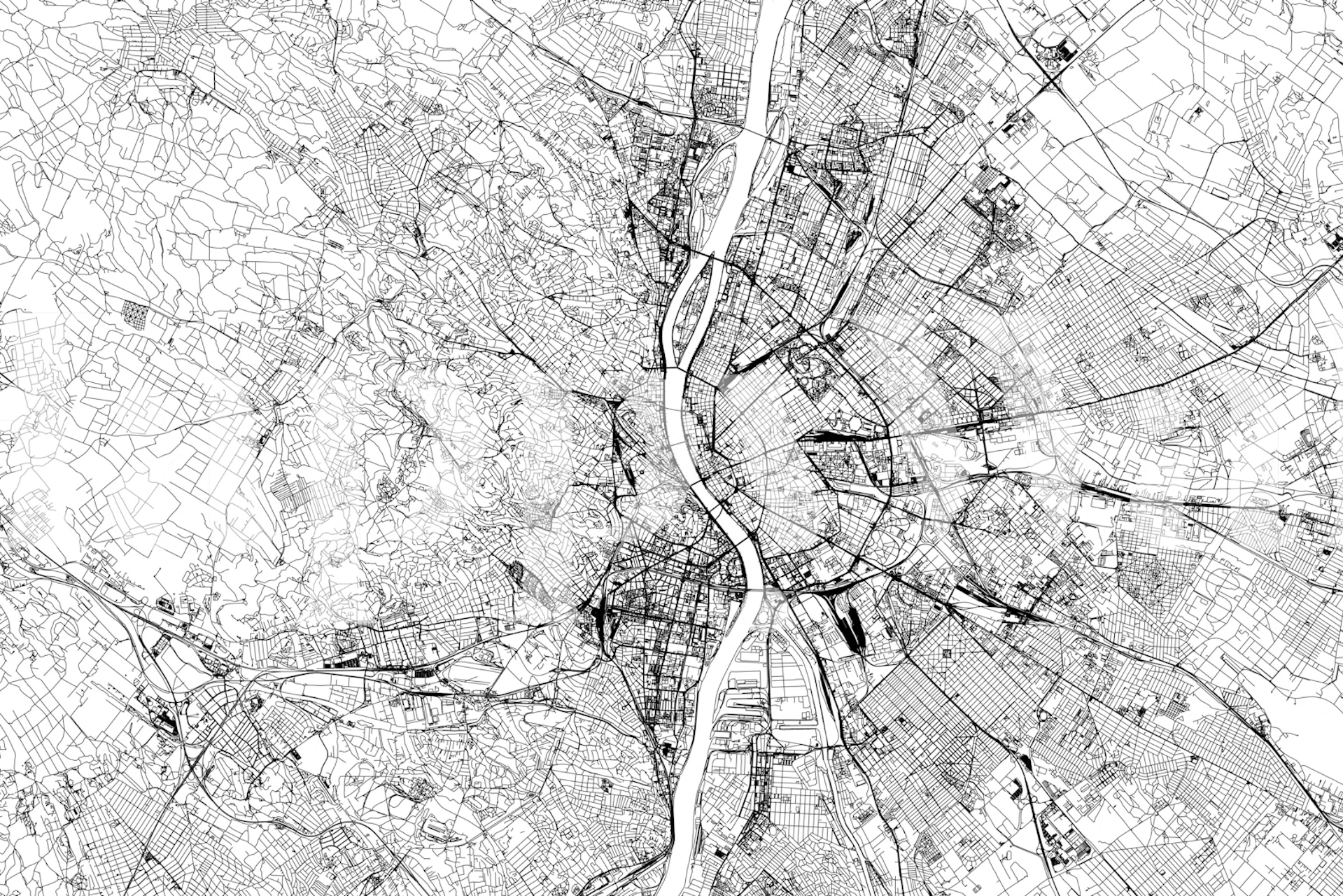 Black and white detailed map of Budapest wallpaper
