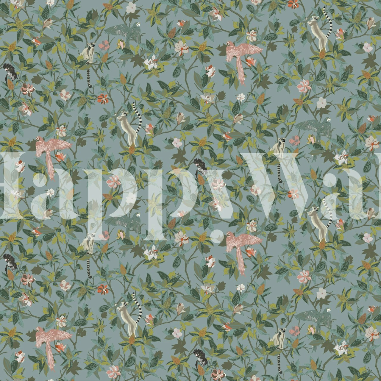 Magnolias And Lemurs in Teal Half Drop Mural σε ένα δωμάτιο