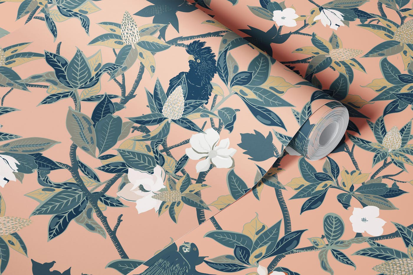 Magnolias And Lemurs in Pastel Pink wallpaper roll